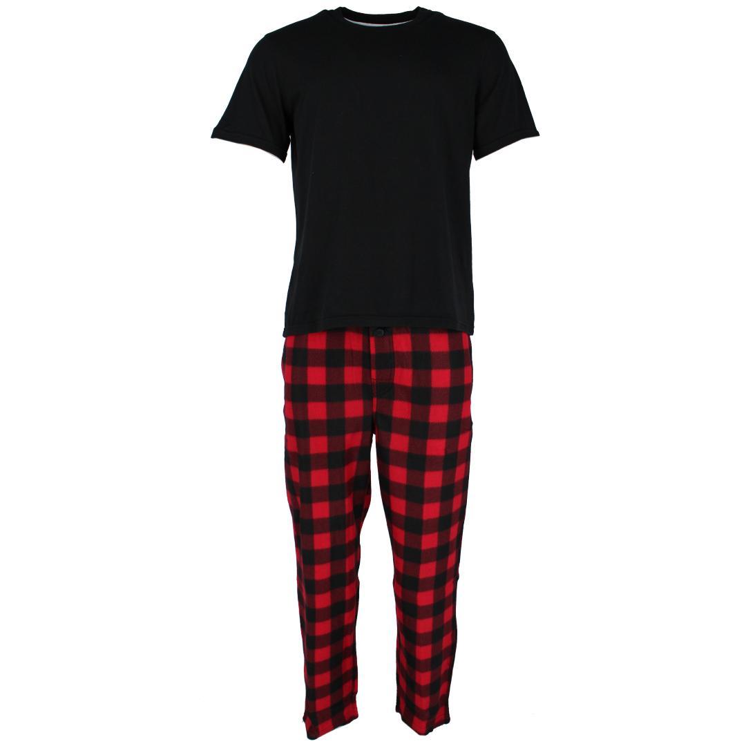 Fruit of the Loom Men's Fleece Plaid Sleep Pant and Tee Set - Black