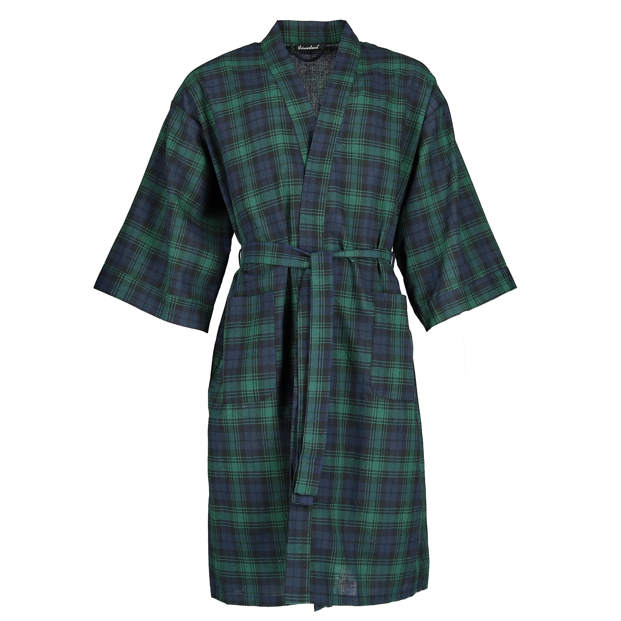 Leisureland Mens Plaid Kimono Broadcloth Robe  Green one size
