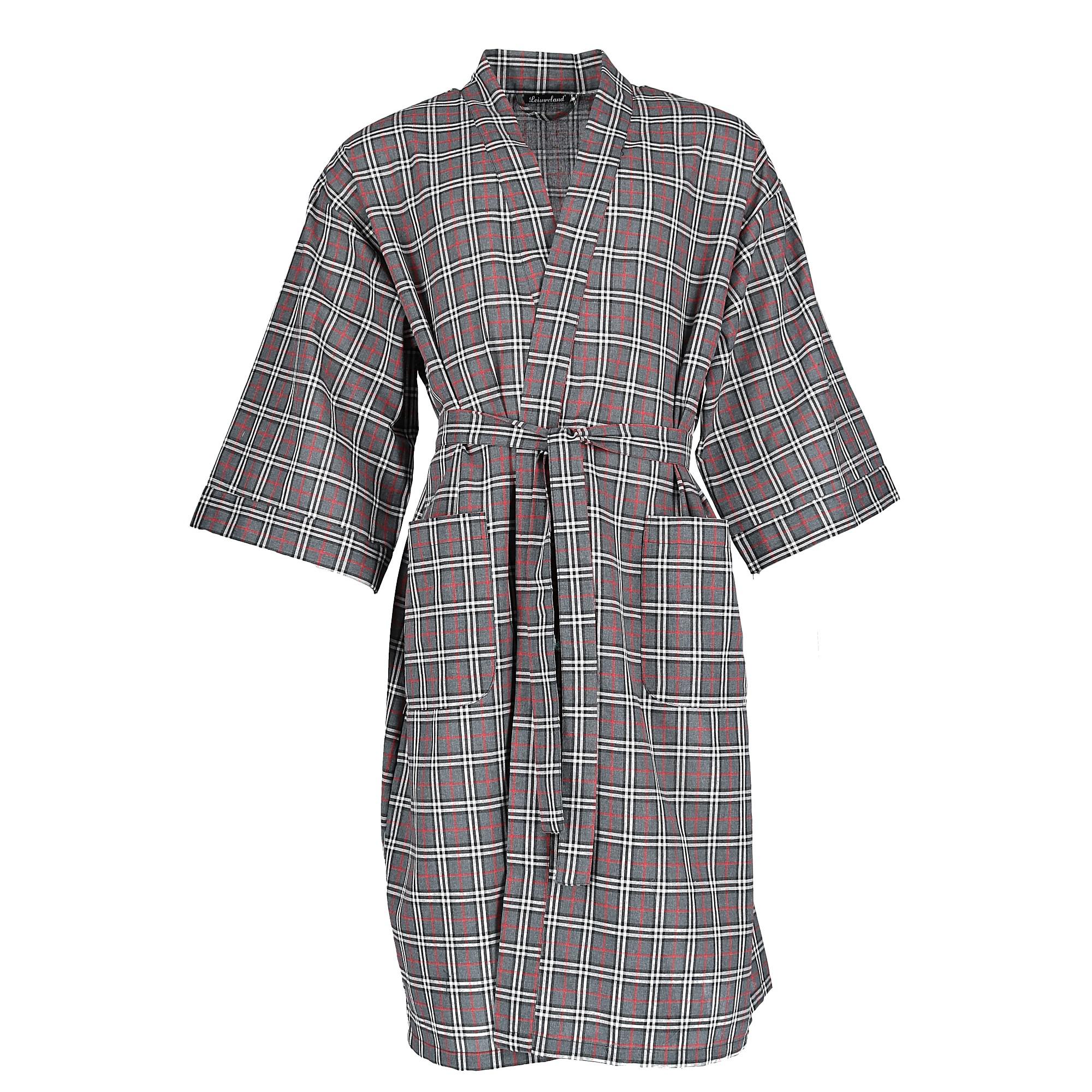 Leisureland Mens Plaid Kimono Broadcloth Robe  Grey one size