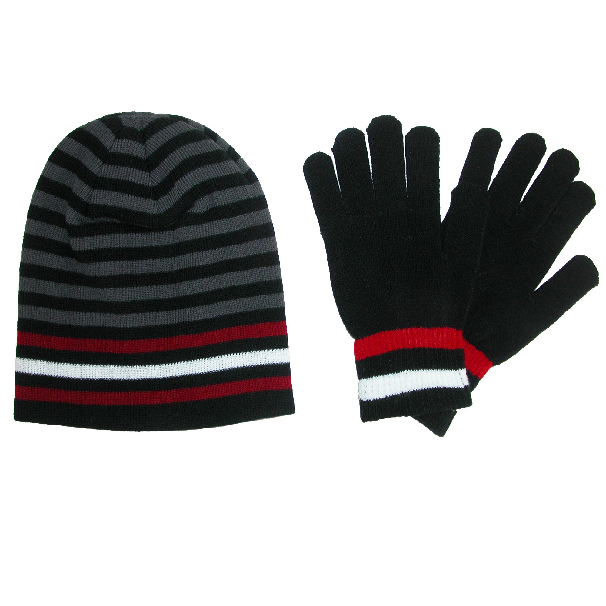 CTM Men's Knit Striped Hat and Gloves Winter Set