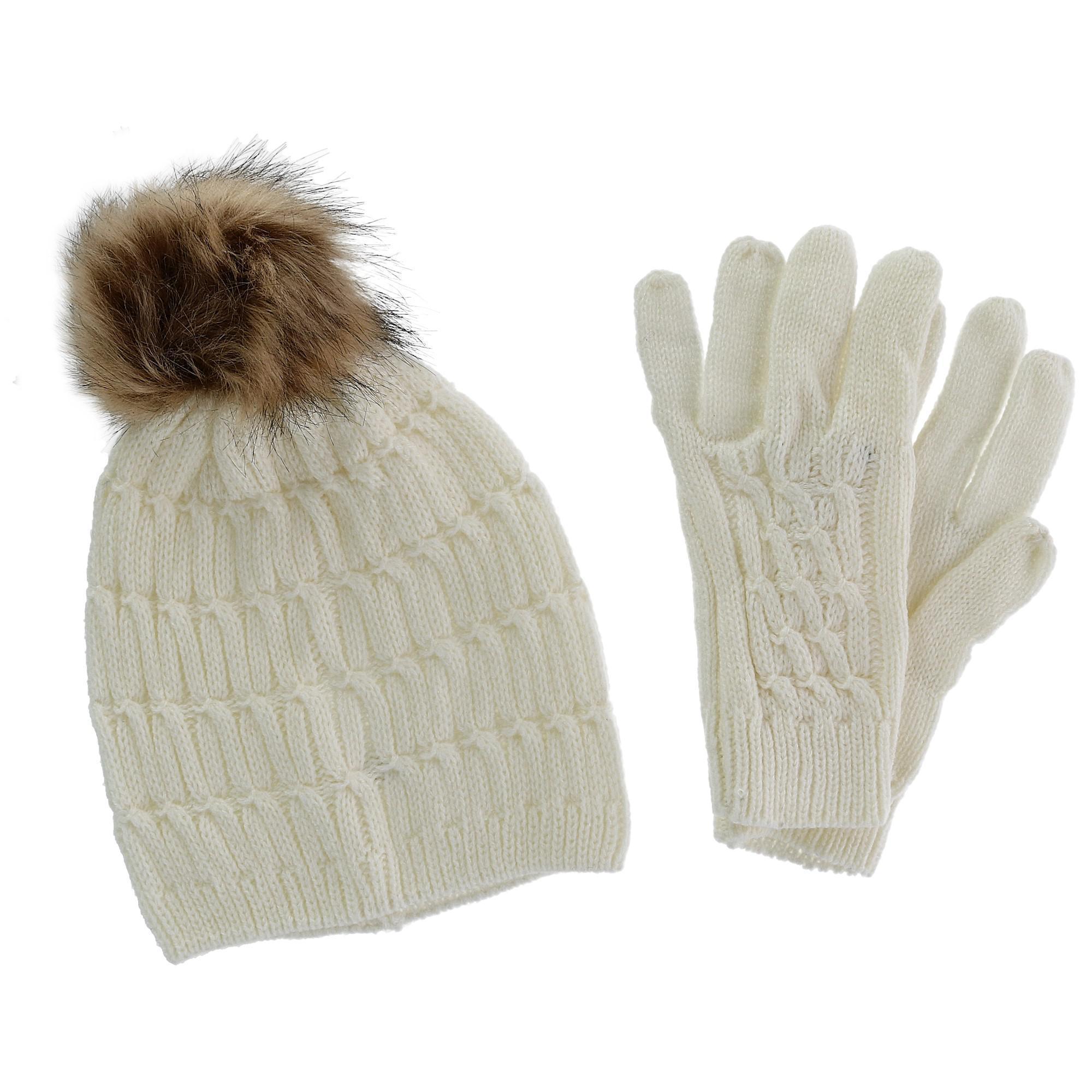 CTM Women's Knit Beanie Hat with Pom and Matching Gloves Set - Ivory