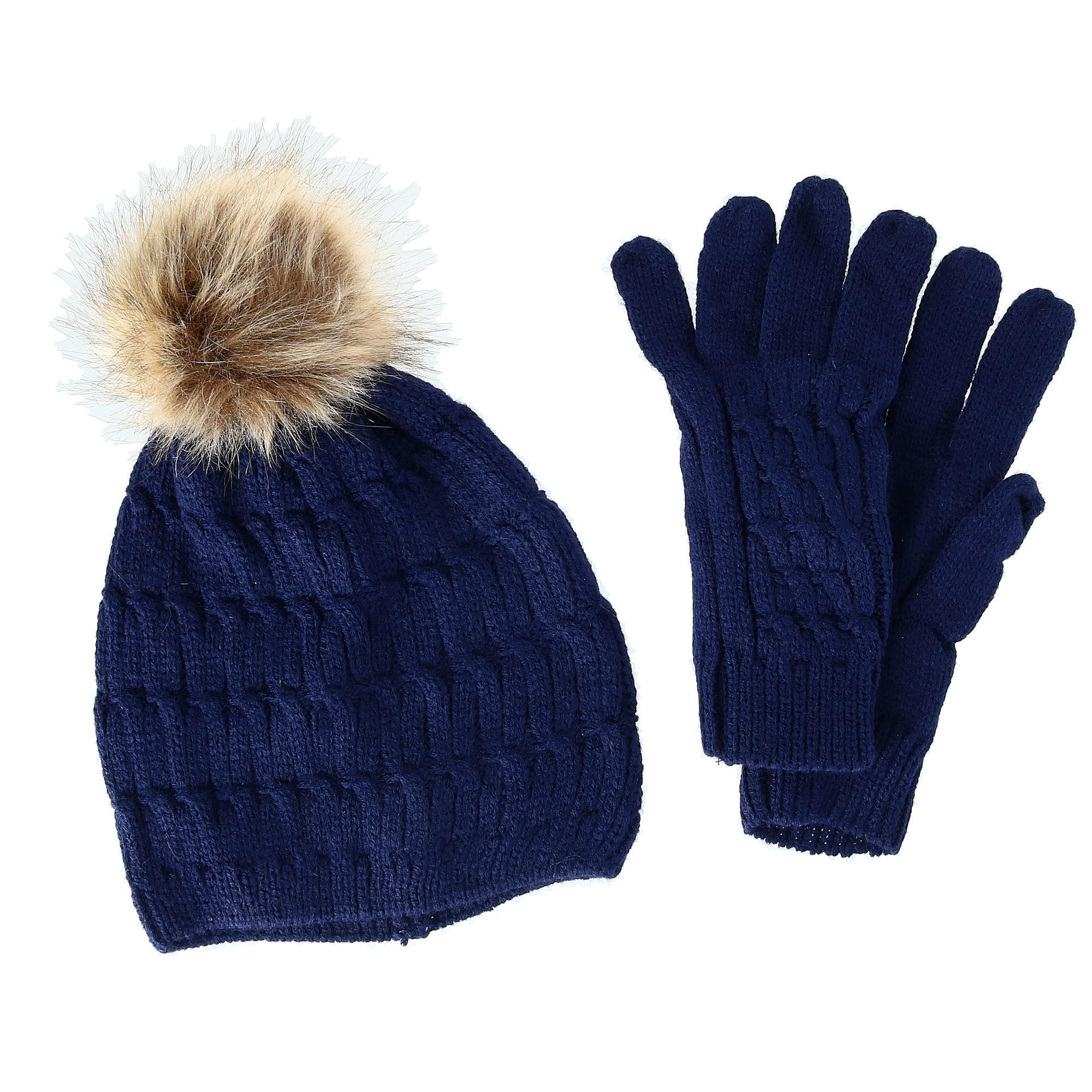 CTM Women's Knit Beanie Hat with Pom and Matching Gloves Set - Navy