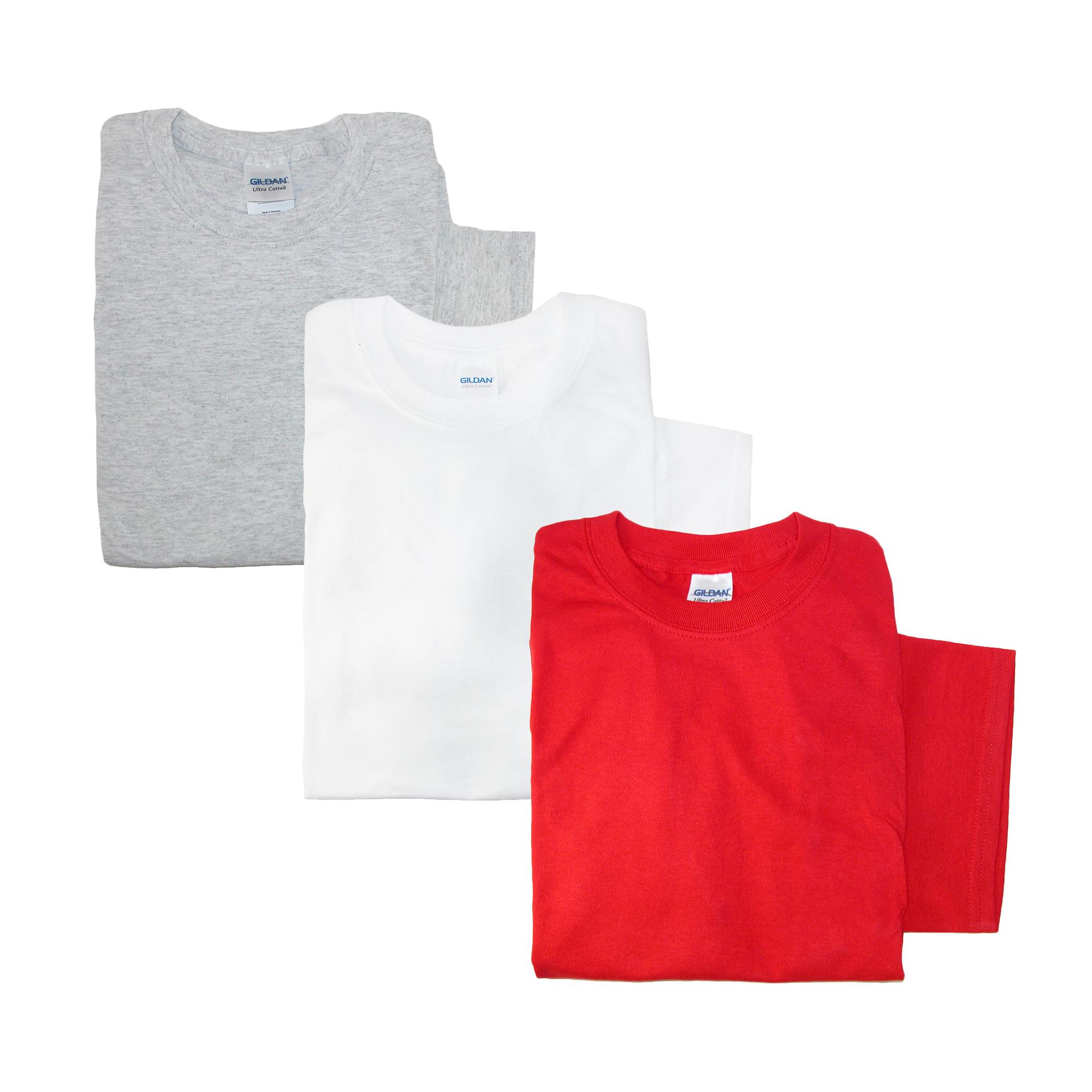 Gildan Men's Crew Neck Cotton T Shirt (Pack of 3) - Grey Red White