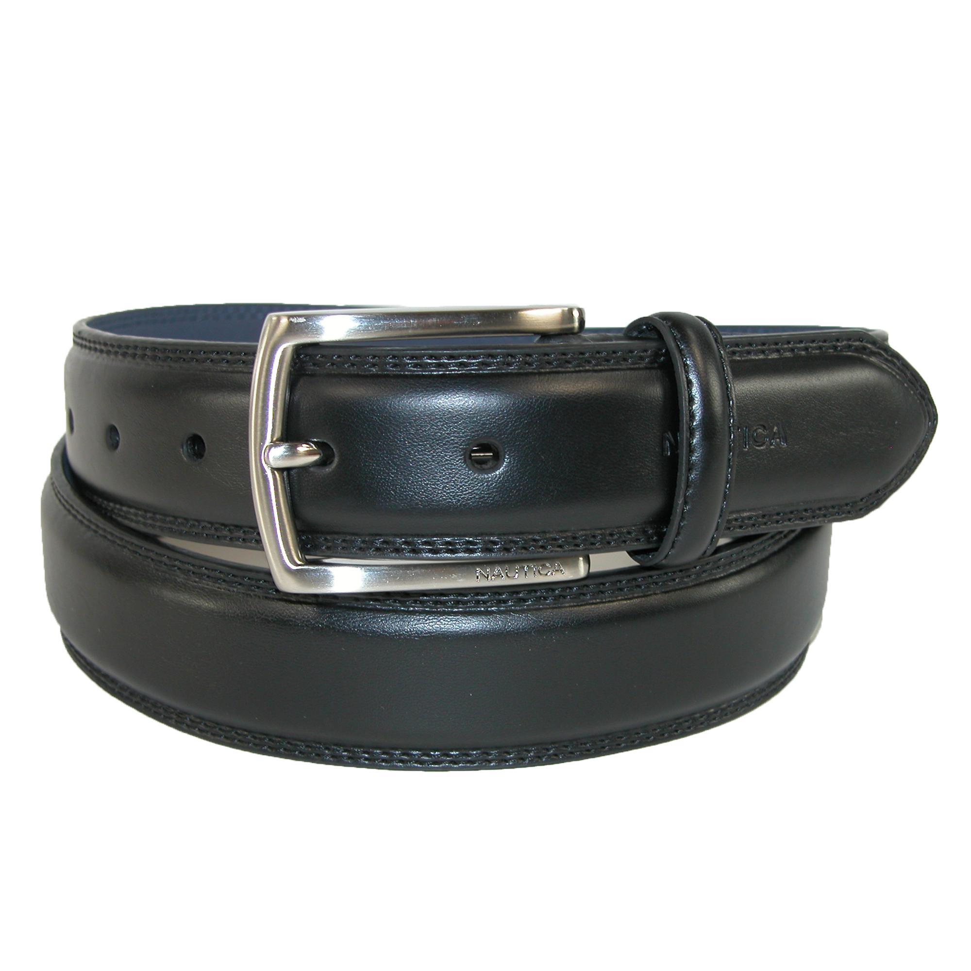 Nautica Men's Leather Feather Edge with Stitch Detail 1 3/8 Inch Belt