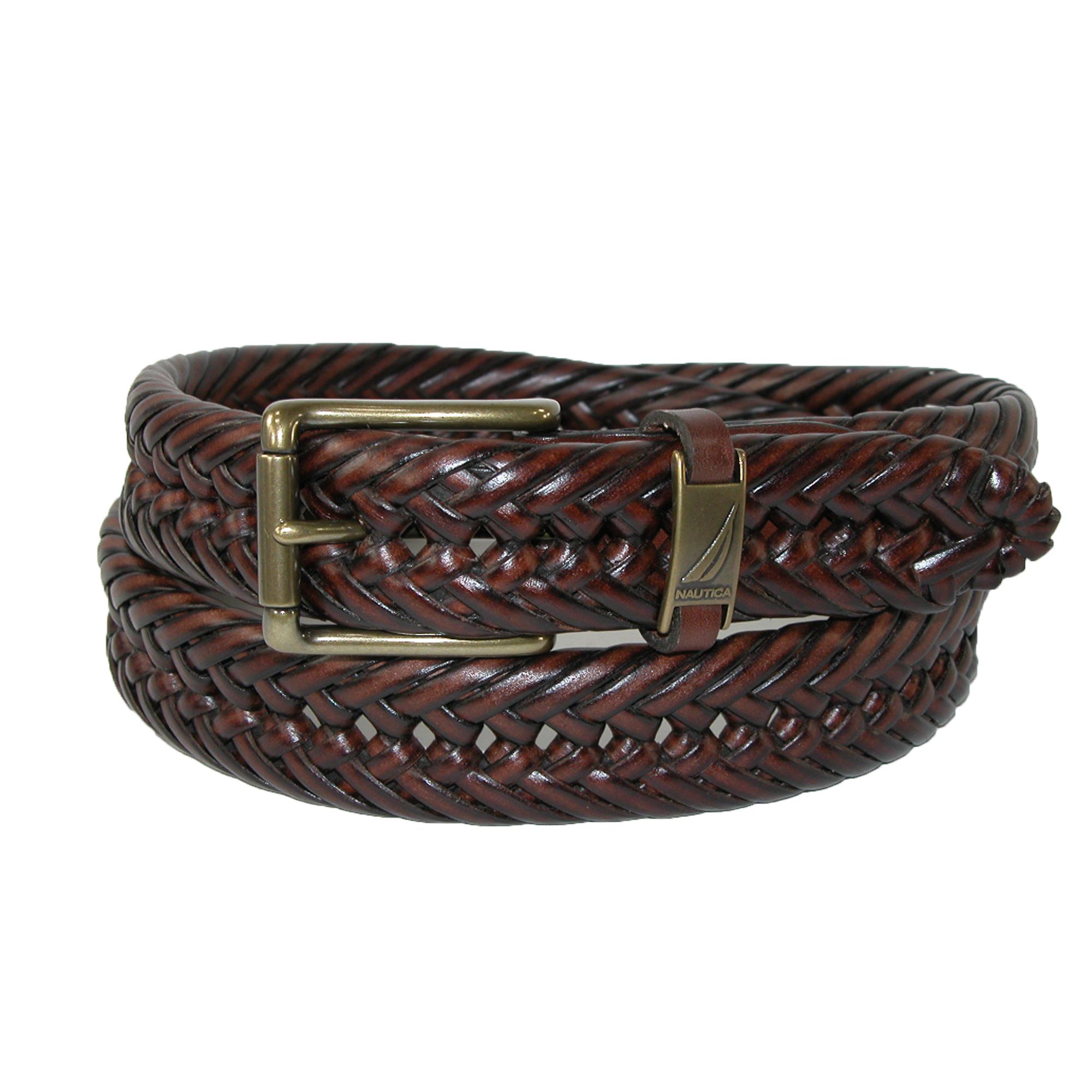 Nautica Men's Big & Tall Leather Handlaced Basket Weave Braided Belt