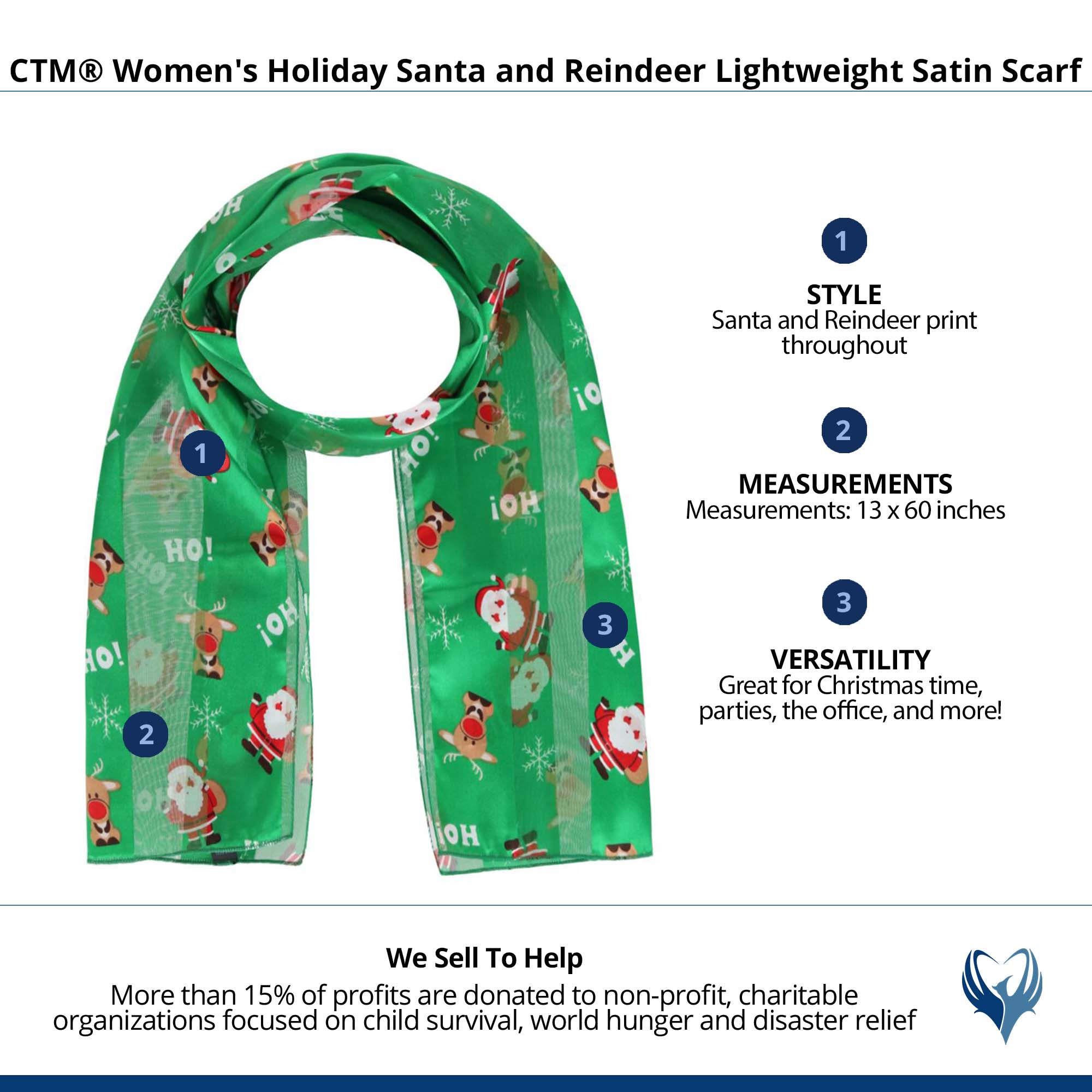 CTM Women's Holiday Santa and Reindeer Lightweight Satin Scarf - Picture 4 of 7