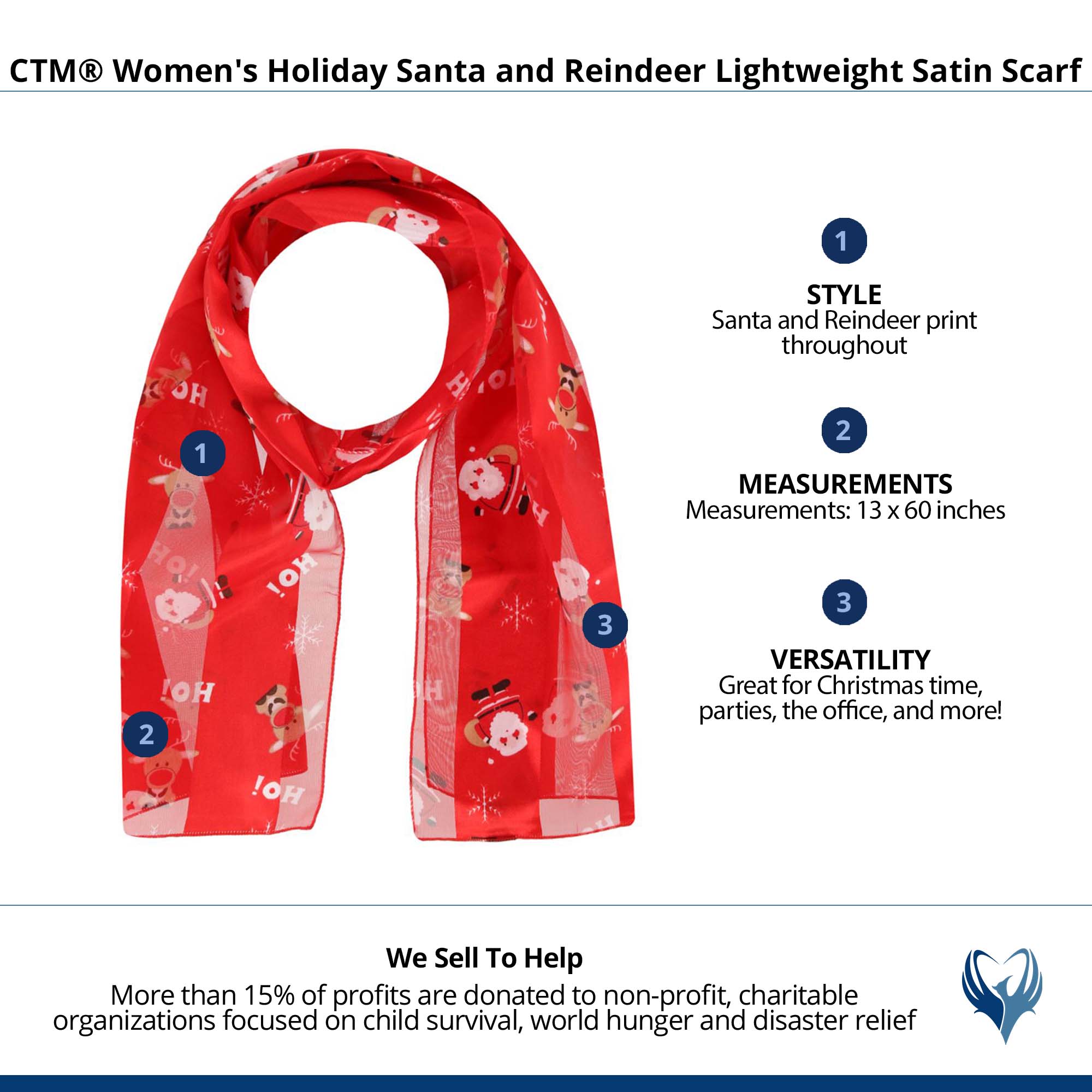 CTM Women's Holiday Santa and Reindeer Lightweight Satin Scarf - Picture 7 of 7