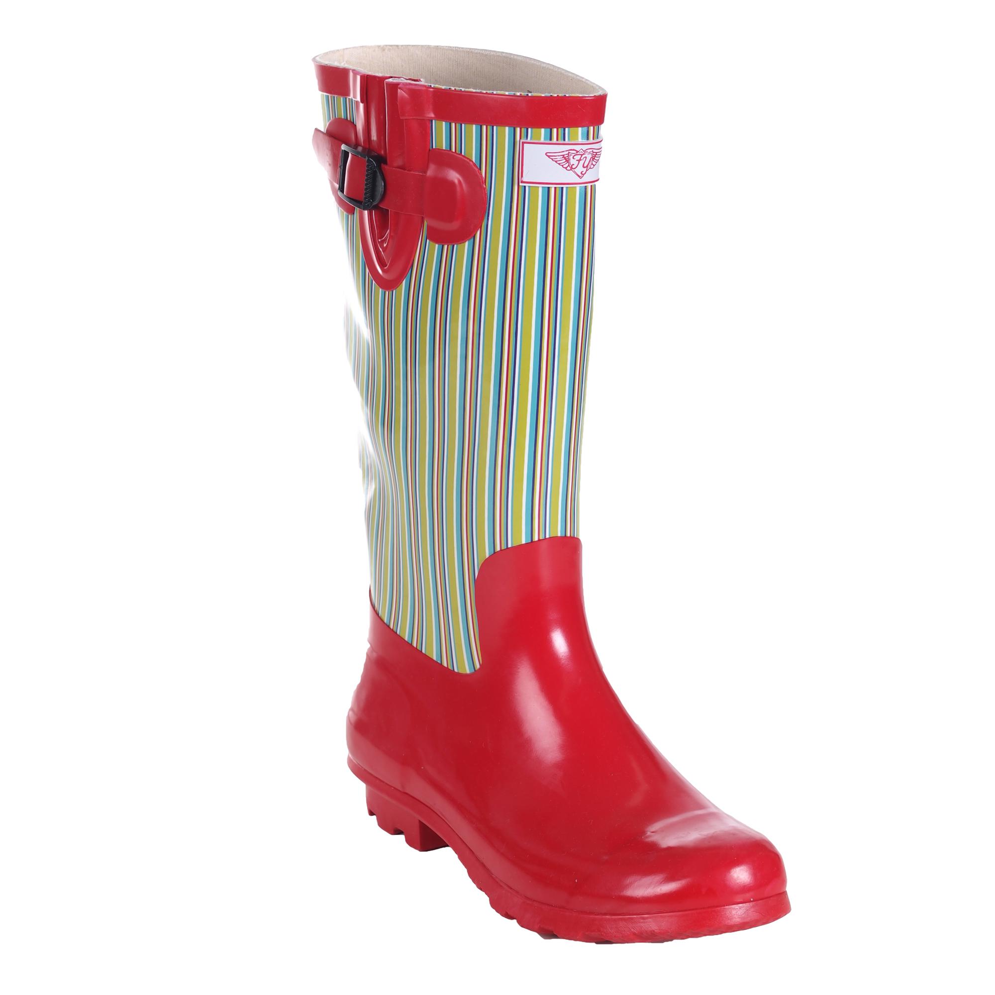 Forever Young Women's Striped Tall Rubber Rain Boots Red 11 SheFinds