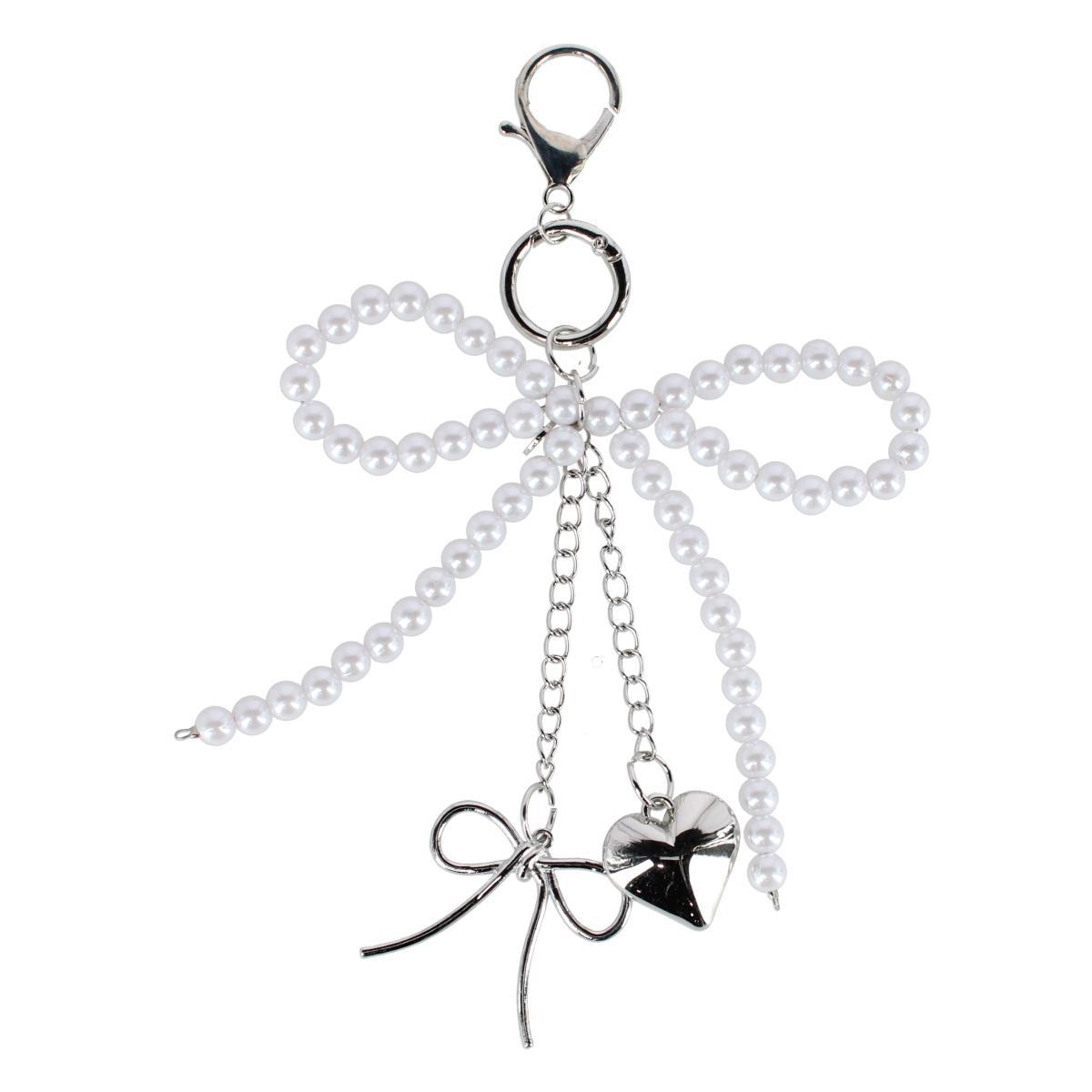 CTM Womens Silver and Pearl Bow Heart Bag CharmKey Chain - Silver 12$