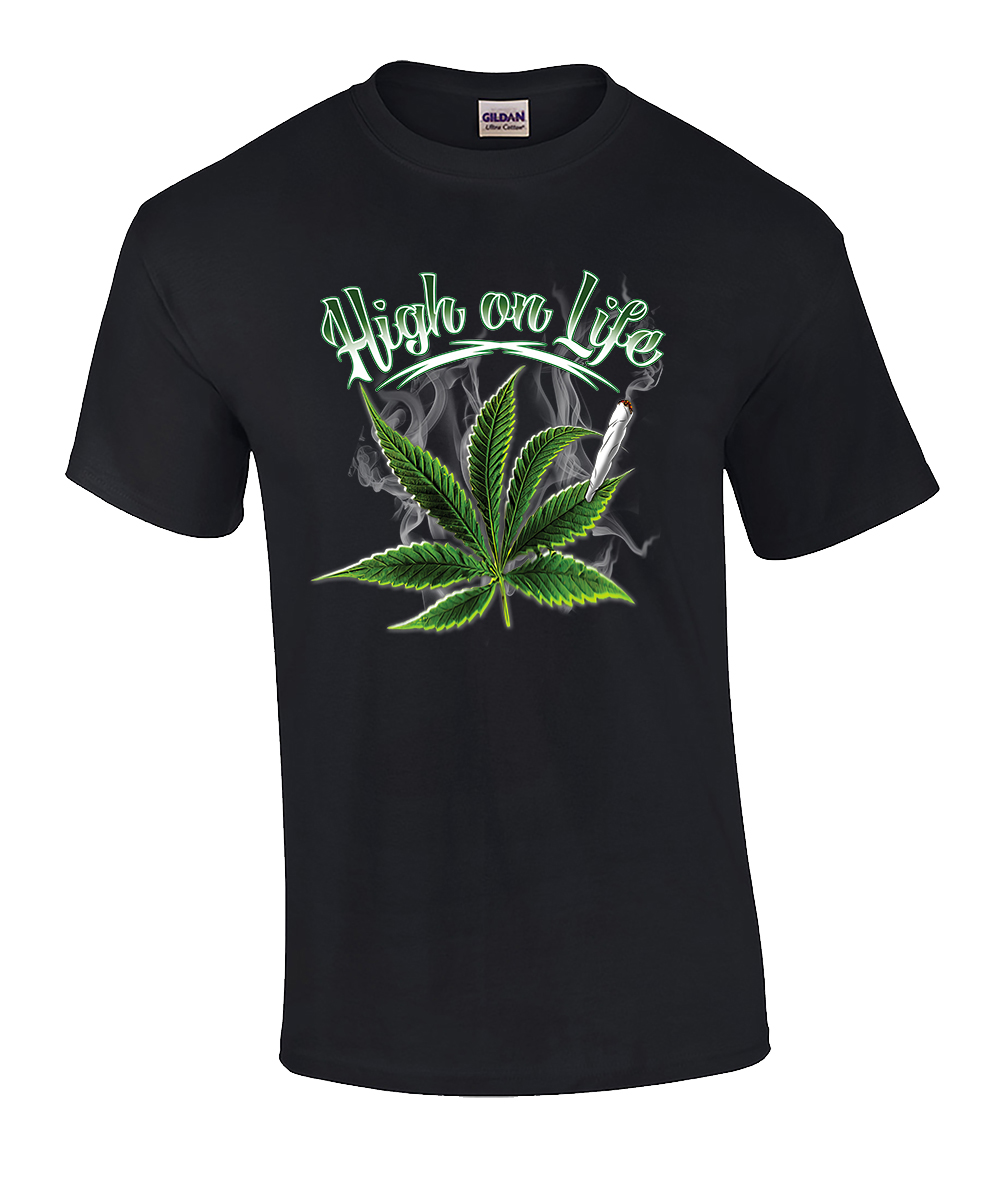 Funny Weed Marijuana Leaf High On Life Graphic Adult Tee Shirt Black