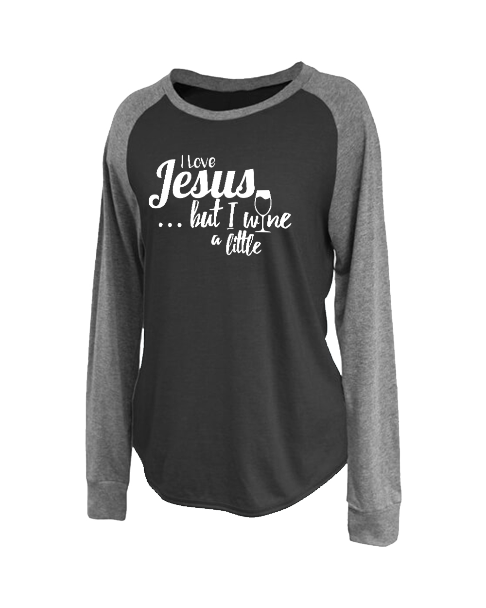 I Love Jesus But I Wine A Little Ladies Adult Raglan Tee Shirt Black - Picture 7 of 12