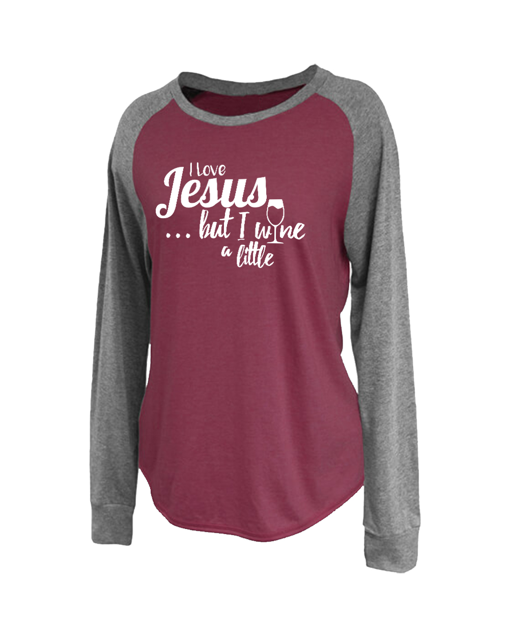 I Love Jesus But I Wine A Little Ladies Adult Raglan Tee Shirt Black - Picture 10 of 12