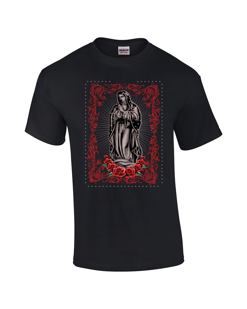 Virgin Maria Roses Tattoo Adult Tee Shirt Black - Picture 7 of 26