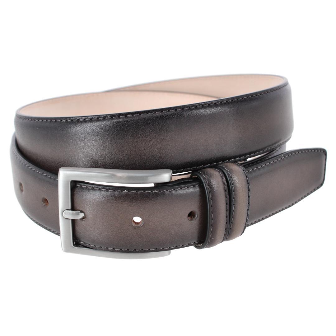 Trafalgar Men's Malik Burnished Feather Edged 32mm Leather Belt - Grey