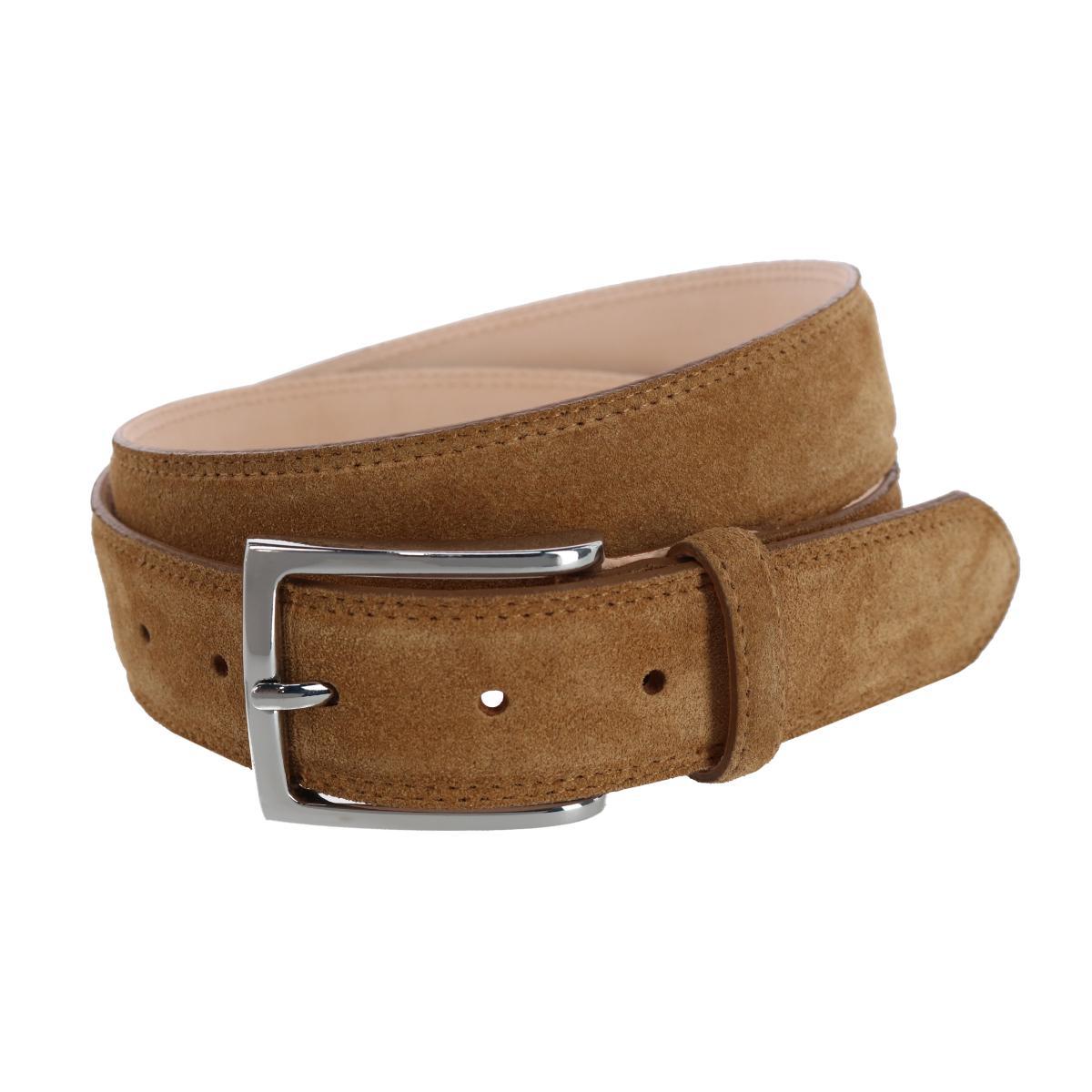 Trafalgar Men's Armando Italian Suede 35mm Feathered Edge Belt - Tan