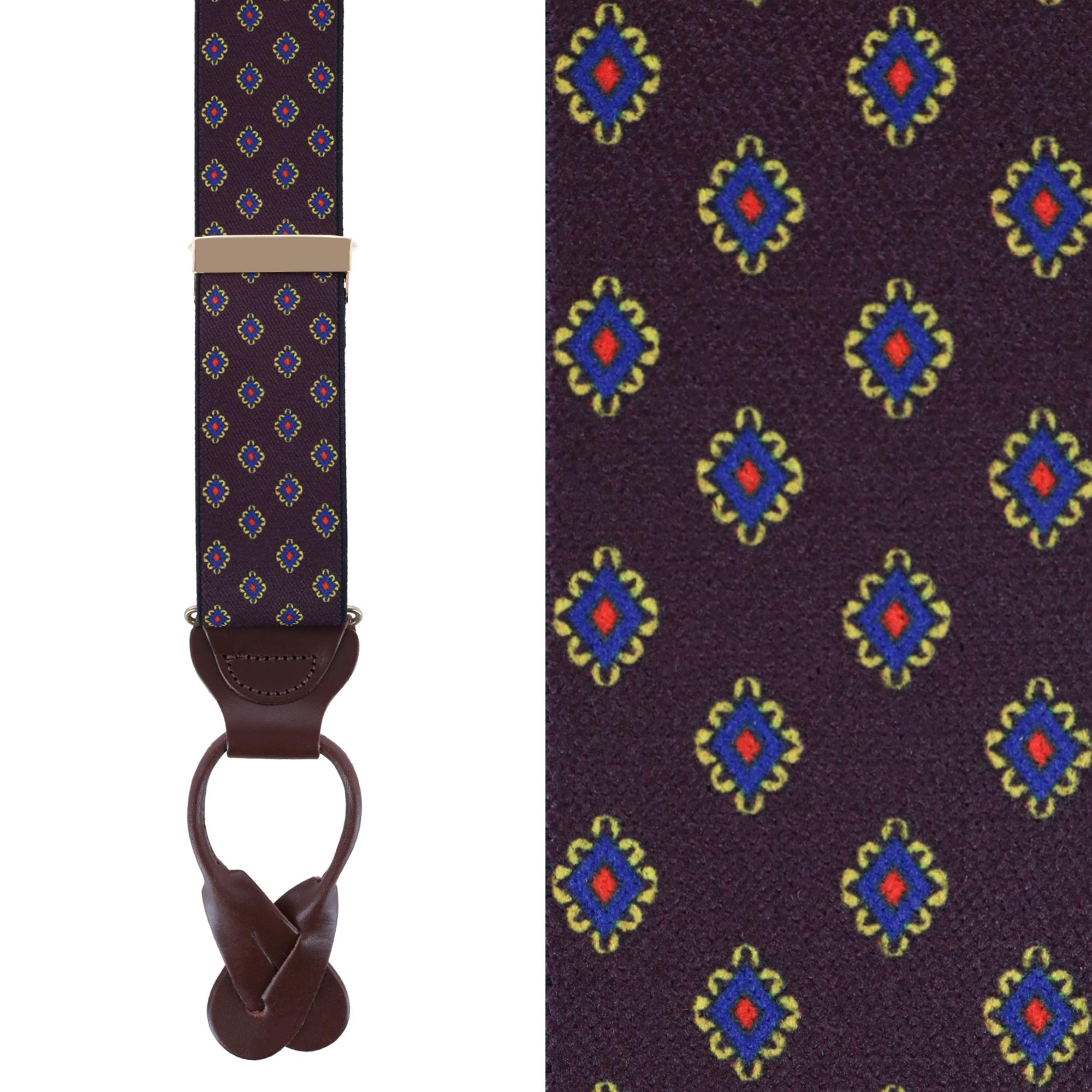 Trafalgar Luxe Diamond Elastic Button End Braces - Burgundy one size