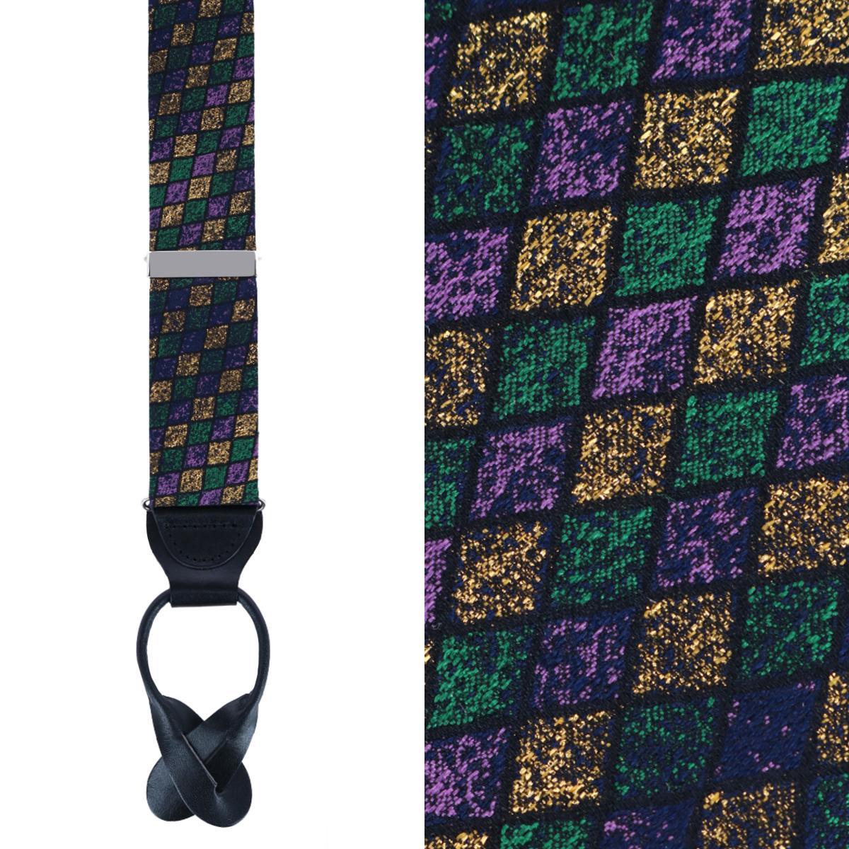 Trafalgar Carnival Diamond Multi-Colored Novelty Silk Button End Braces - Purple, Green, and Yellow one size