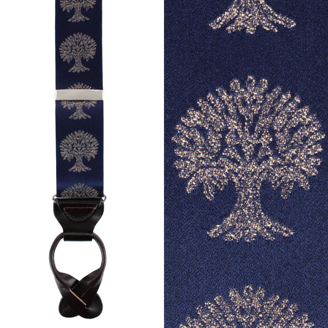 Trafalgar Men's Heritage Oak Tree Novelty Silk Button End Suspenders - Navy blue