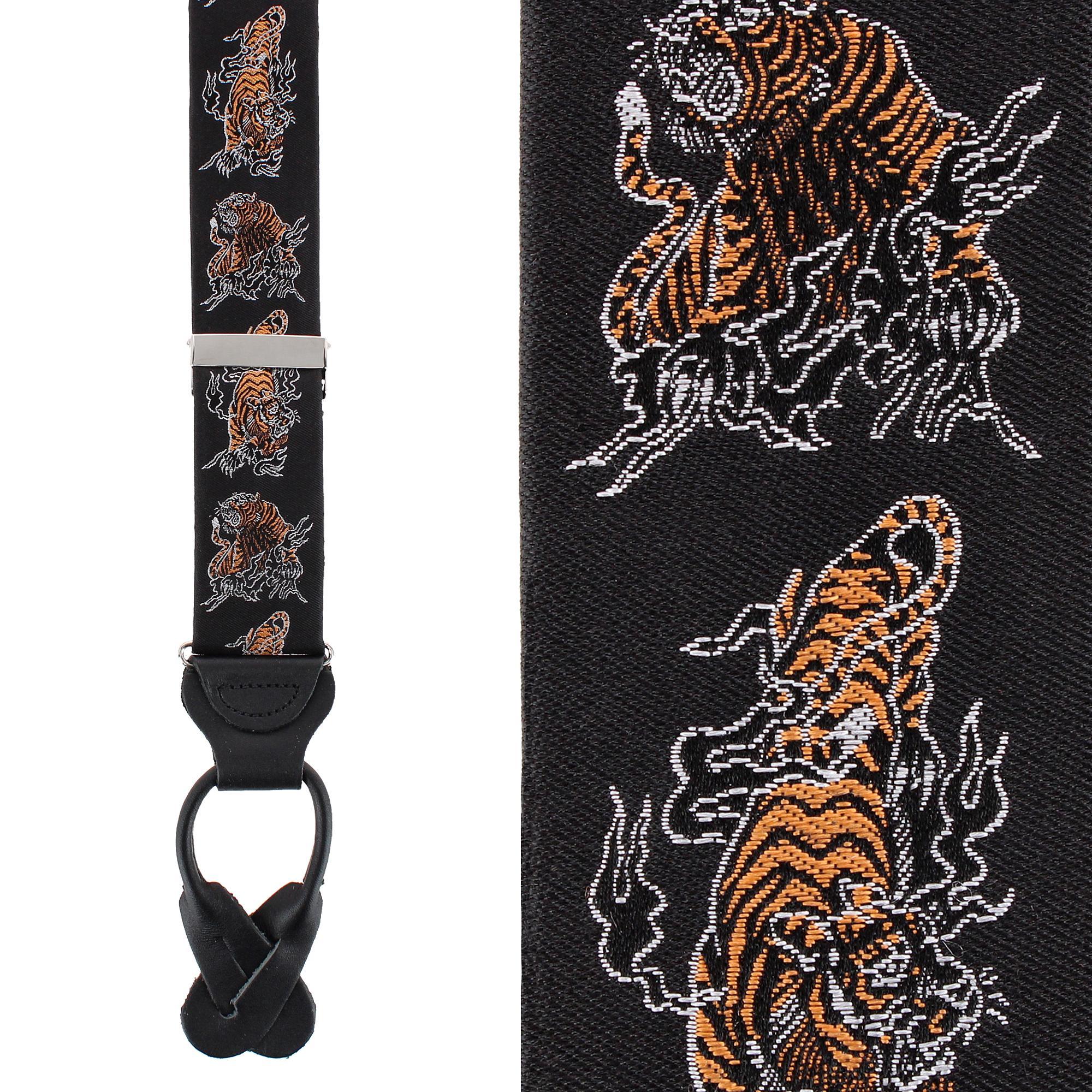 Trafalgar Men's Bengali Crouching Tiger Silk Novelty Button End Suspenders - Black
