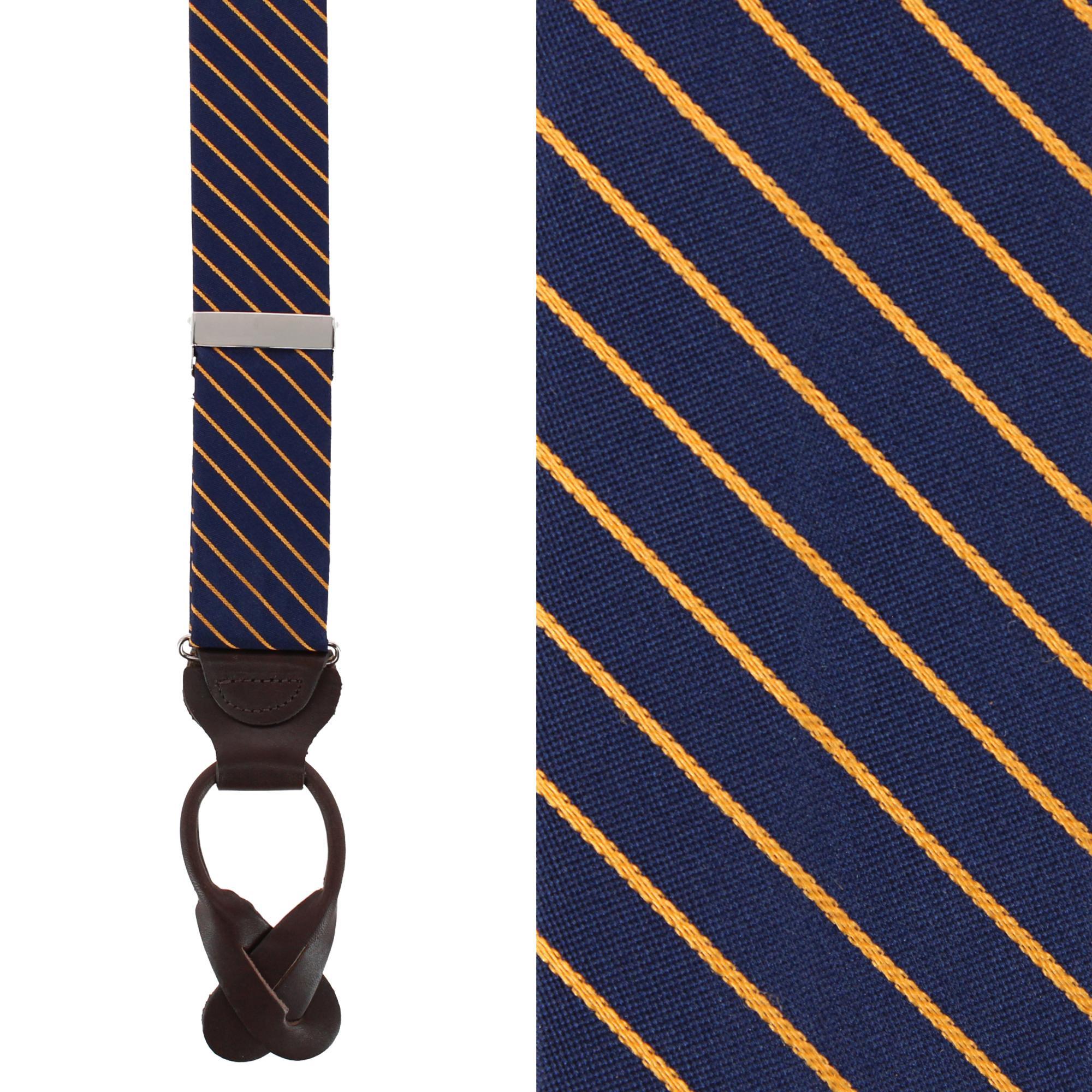 Trafalgar Declan Diagonal Stripe Silk Business Button End Braces - Navy Blue with Gold Stripe one size