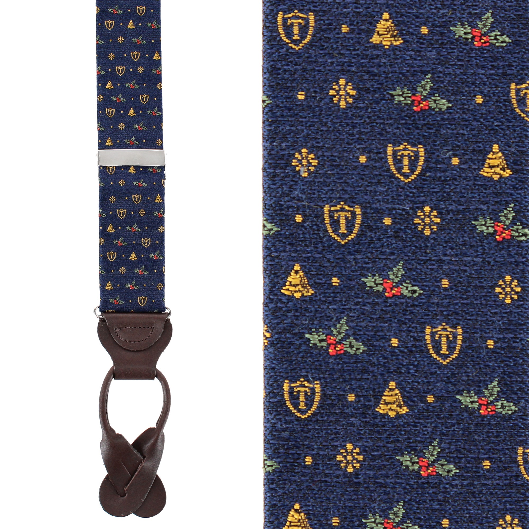 Trafalgar Men's Dapper Christmas Neat Patterned Silk Novelty Button End Suspenders - Navy