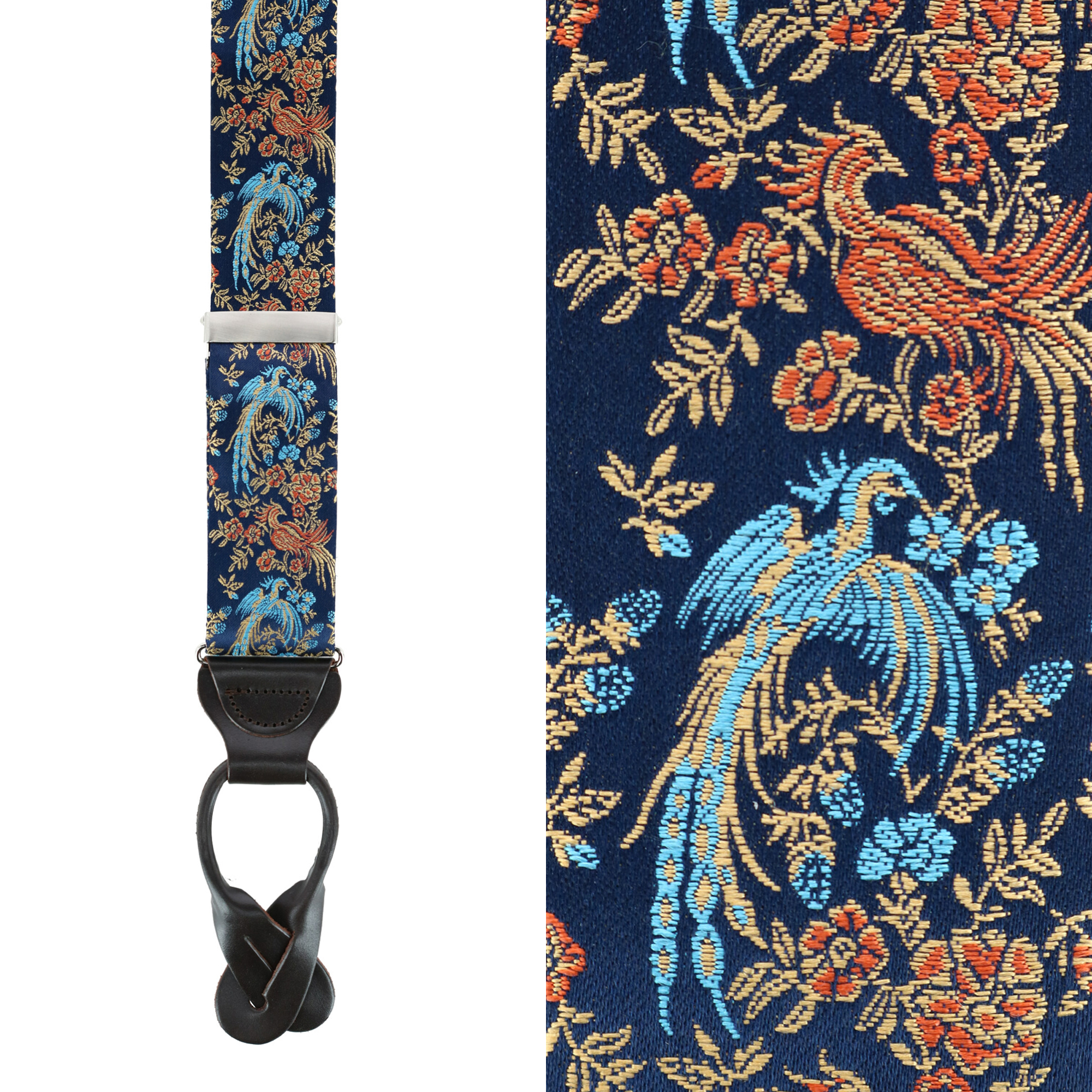 Trafalgar Birds of Prosperity Silk Button End Braces - Navy one size