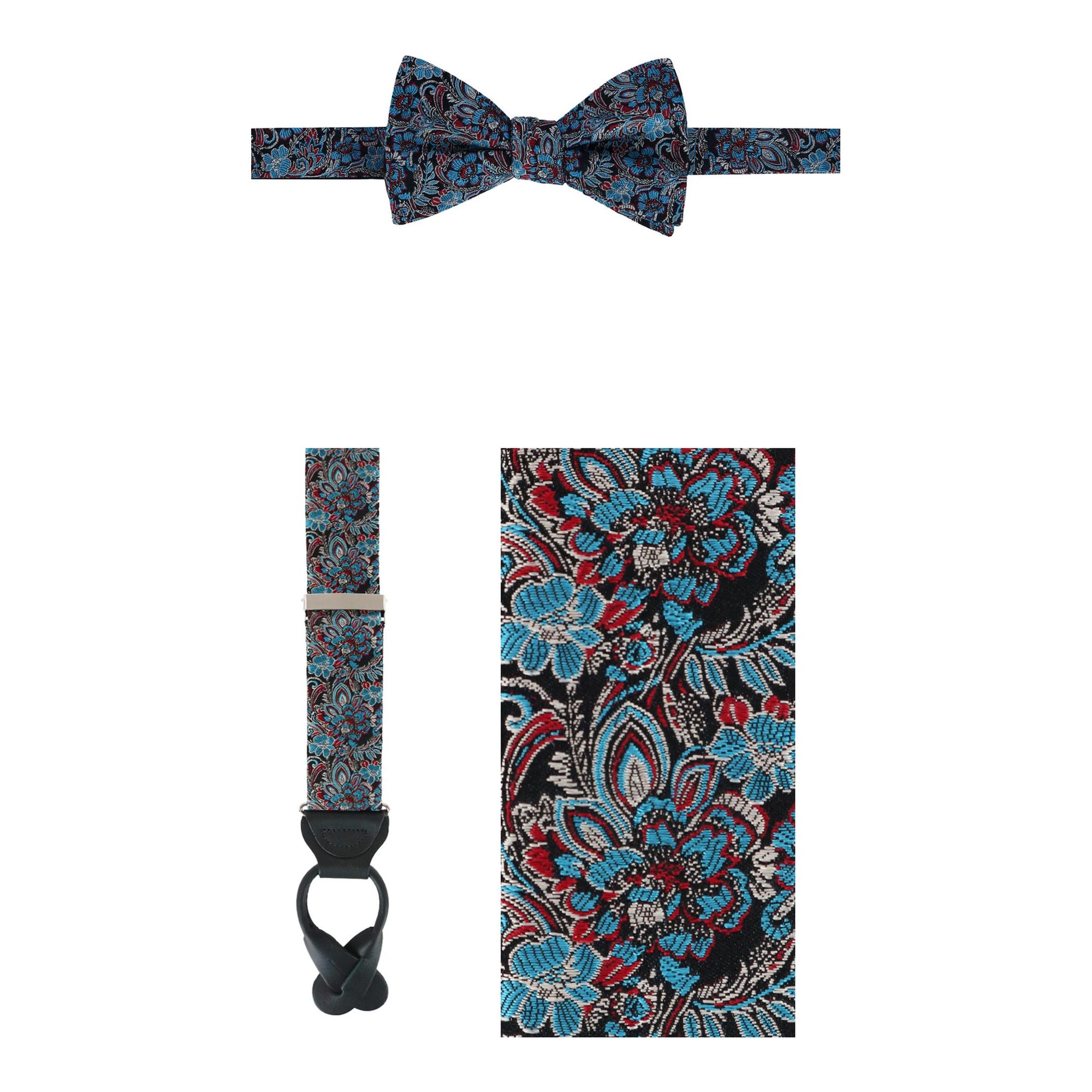 Trafalgar Men's Enzo Exploded Floral Silk Suspenders and Bow Tie Bundle - Multi