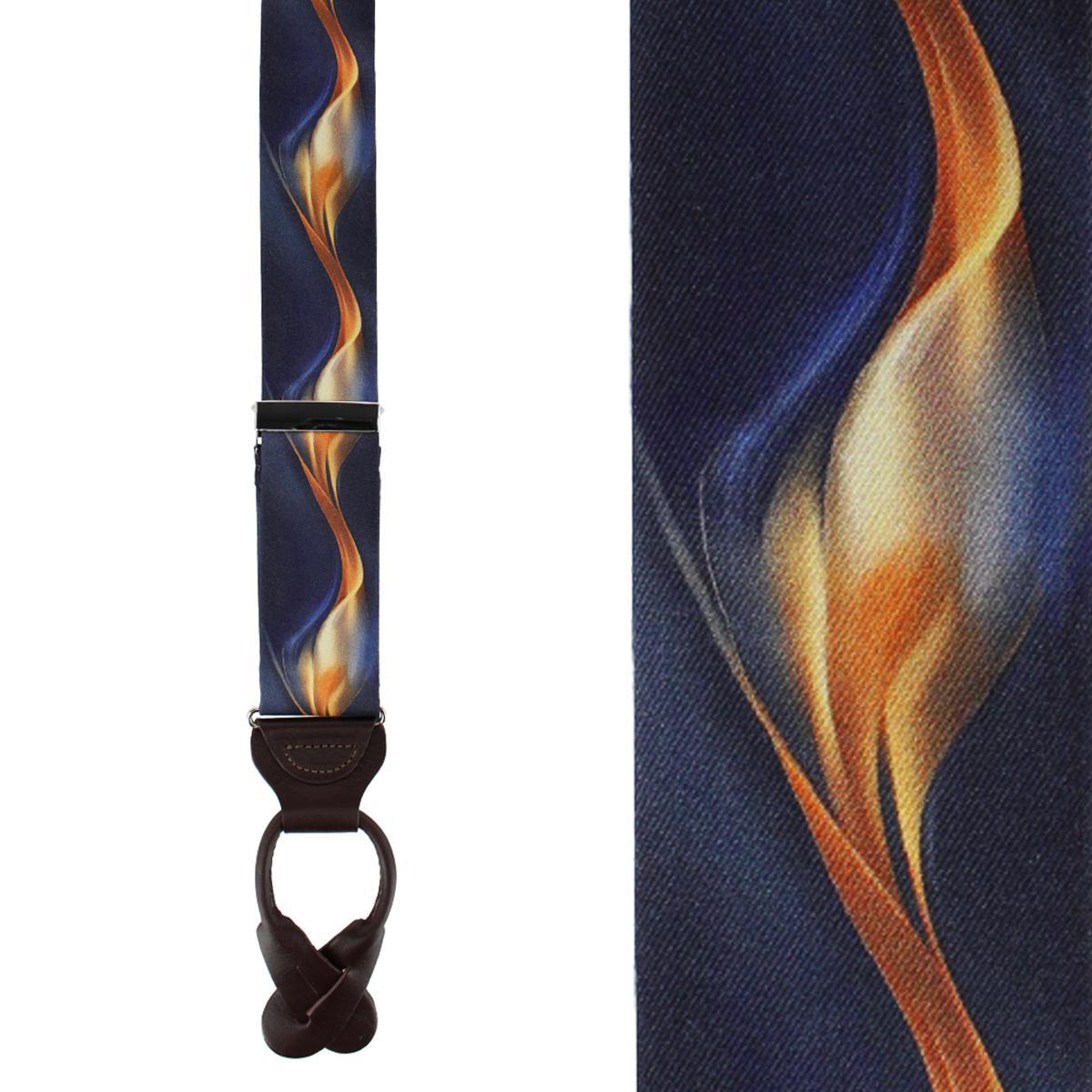 Trafalgar Men's Atticus Blue and Gold Billow Silk Button End Suspenders - Navy blue and gold