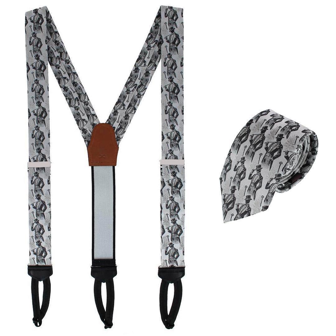 Trafalgar Big & Tall Ambrose Dapper Night Silk Formal Braces & Necktie Set - Silver and Black one size