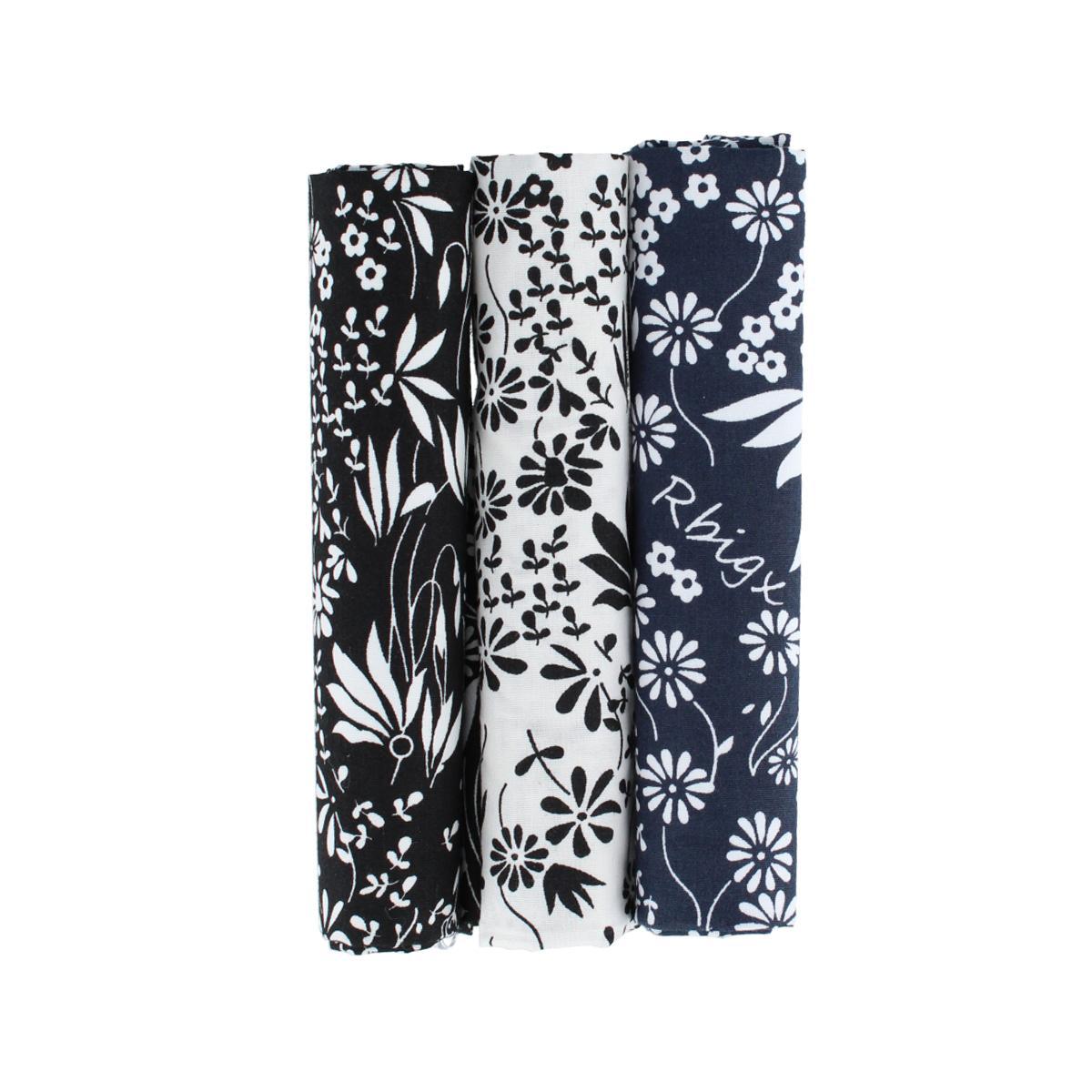 Trafalgar Ezra'a Stately Floral 3 Pack Cotton Handkerchiefs - Black, White, Navy Blue one size