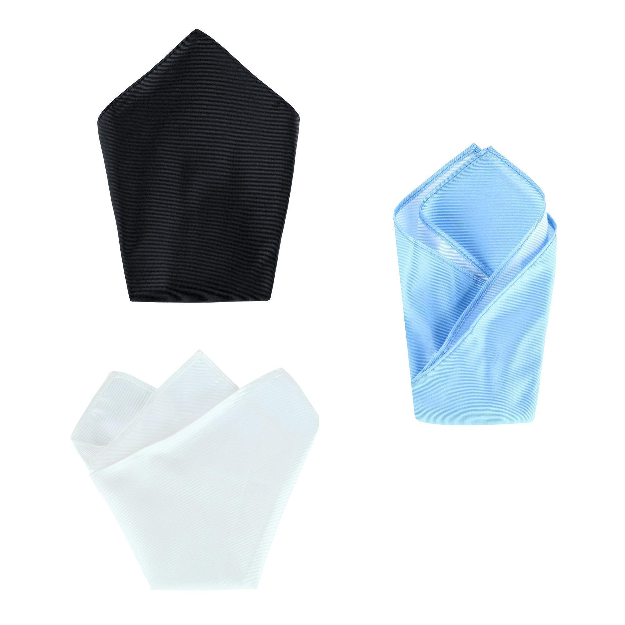 Trafalgar The Gatsby 12 inch Solid Silk Pocket Square Trio - Black, Light Blue, White one size