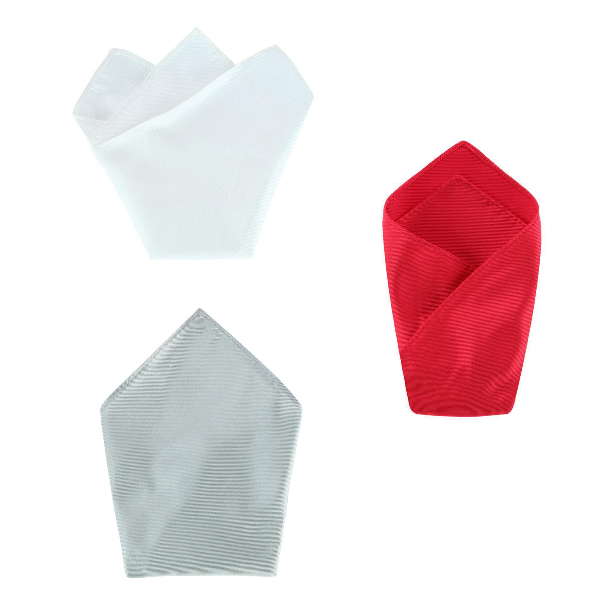 Trafalgar The Gatsby 12 inch Solid Silk Pocket Square Trio - Red, Silver, and White one size