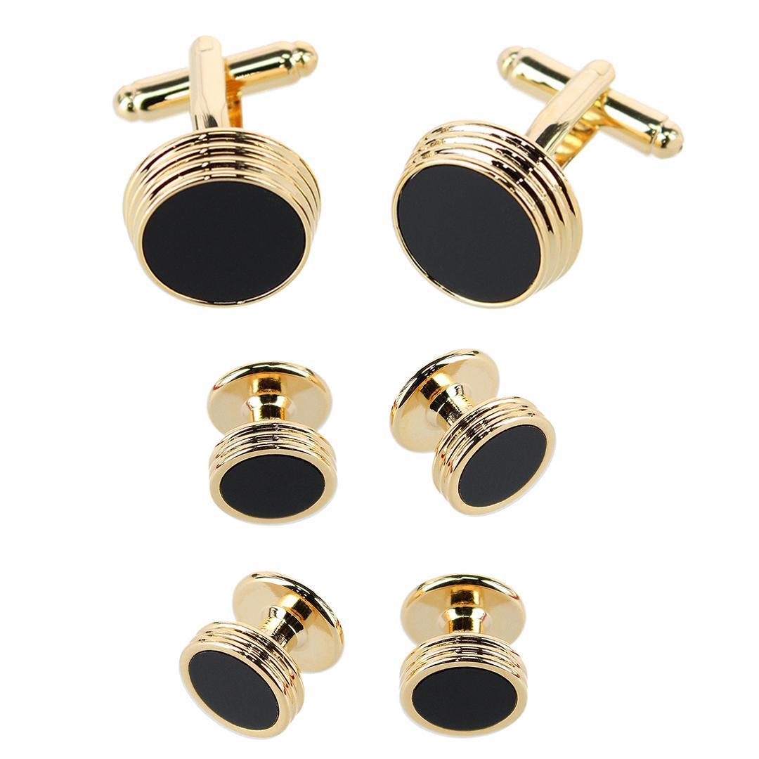 Trafalgar Xaviar Ring Detailed Circular Cufflink Stud Set - Gold with Onyx one size
