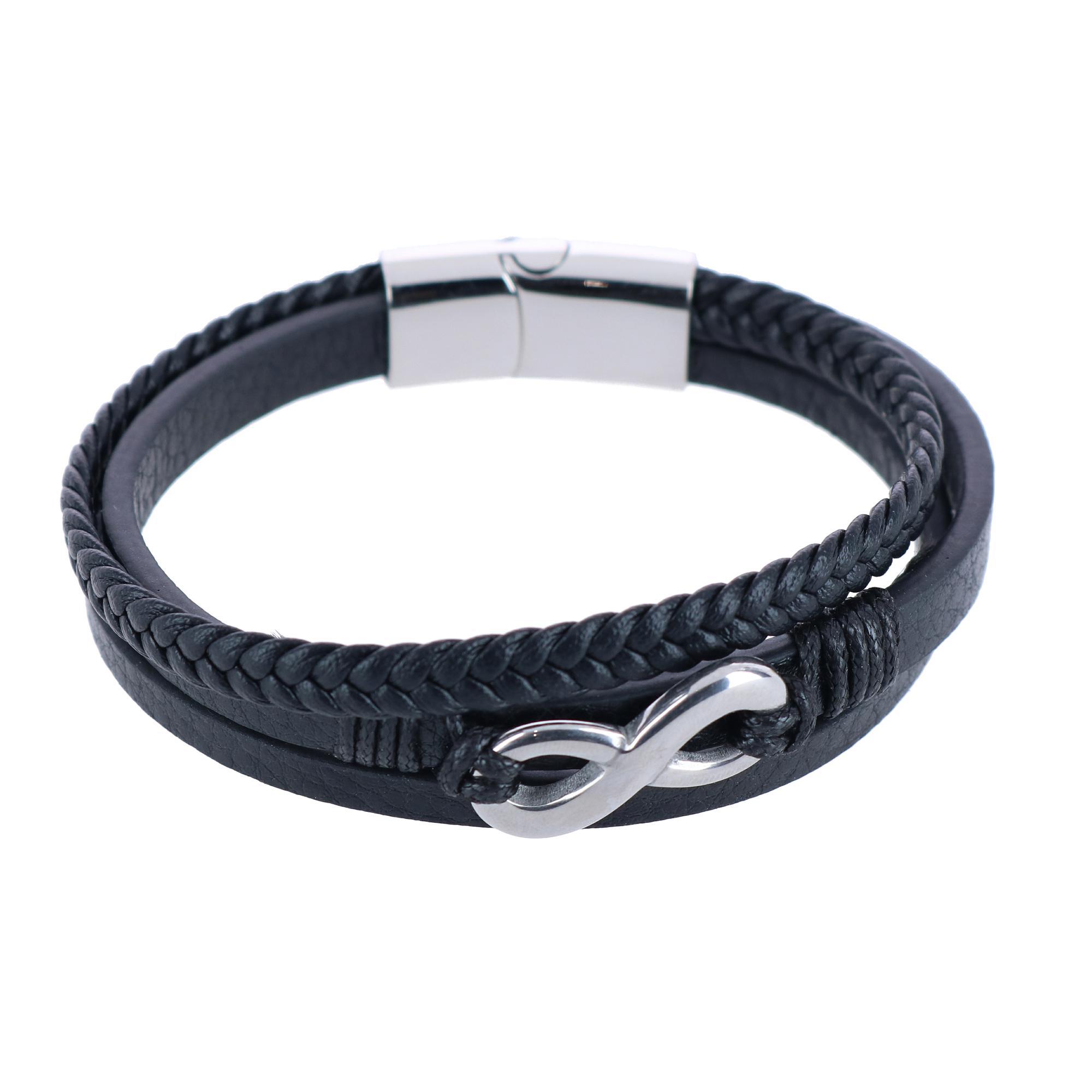 Trafalgar Infinity Triple Band Secure Clasp Leather Bracelet - Black and Silver one size