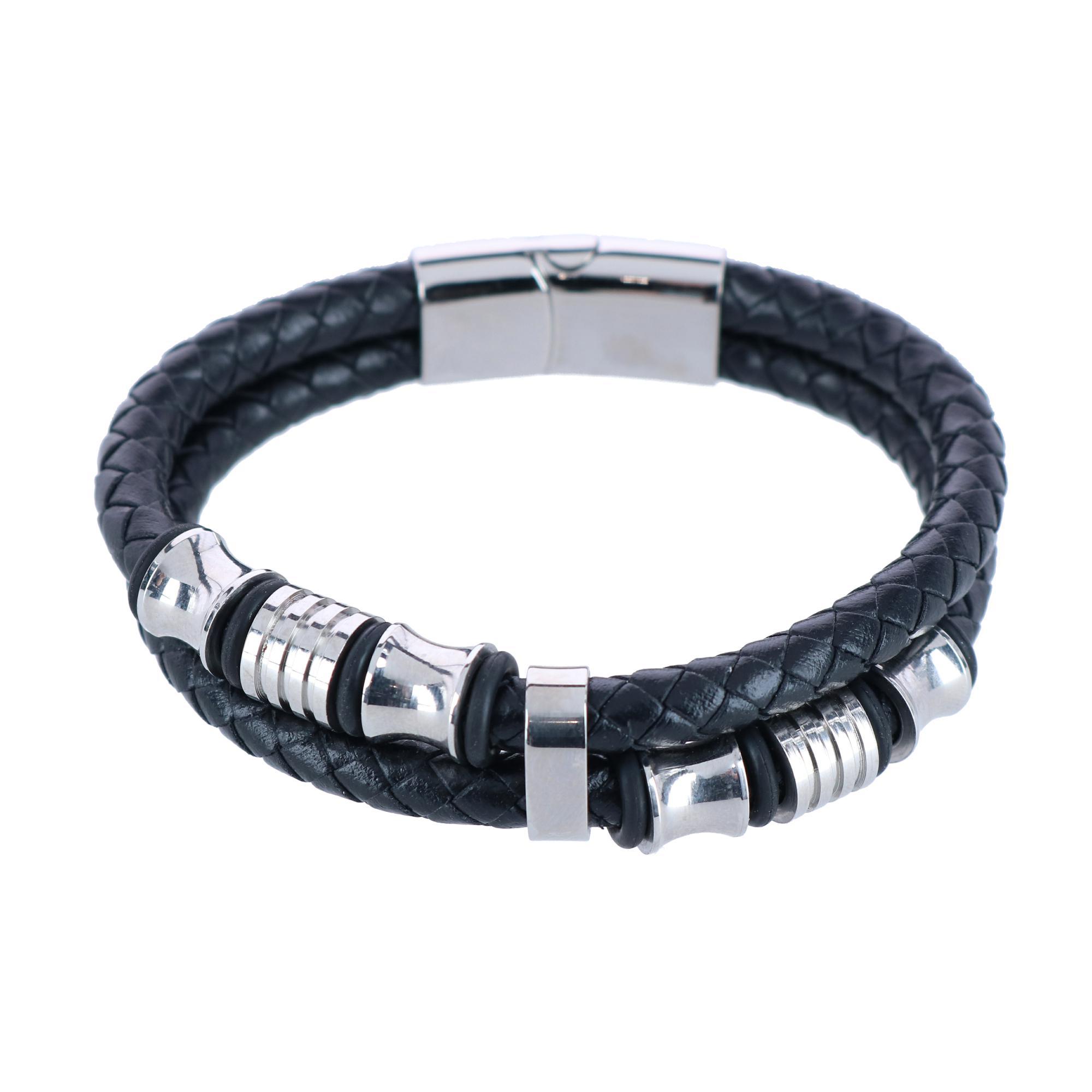 Trafalgar Silver and Leather Double Band Secure Clasp Bracelet - Black and Silver one size 30$