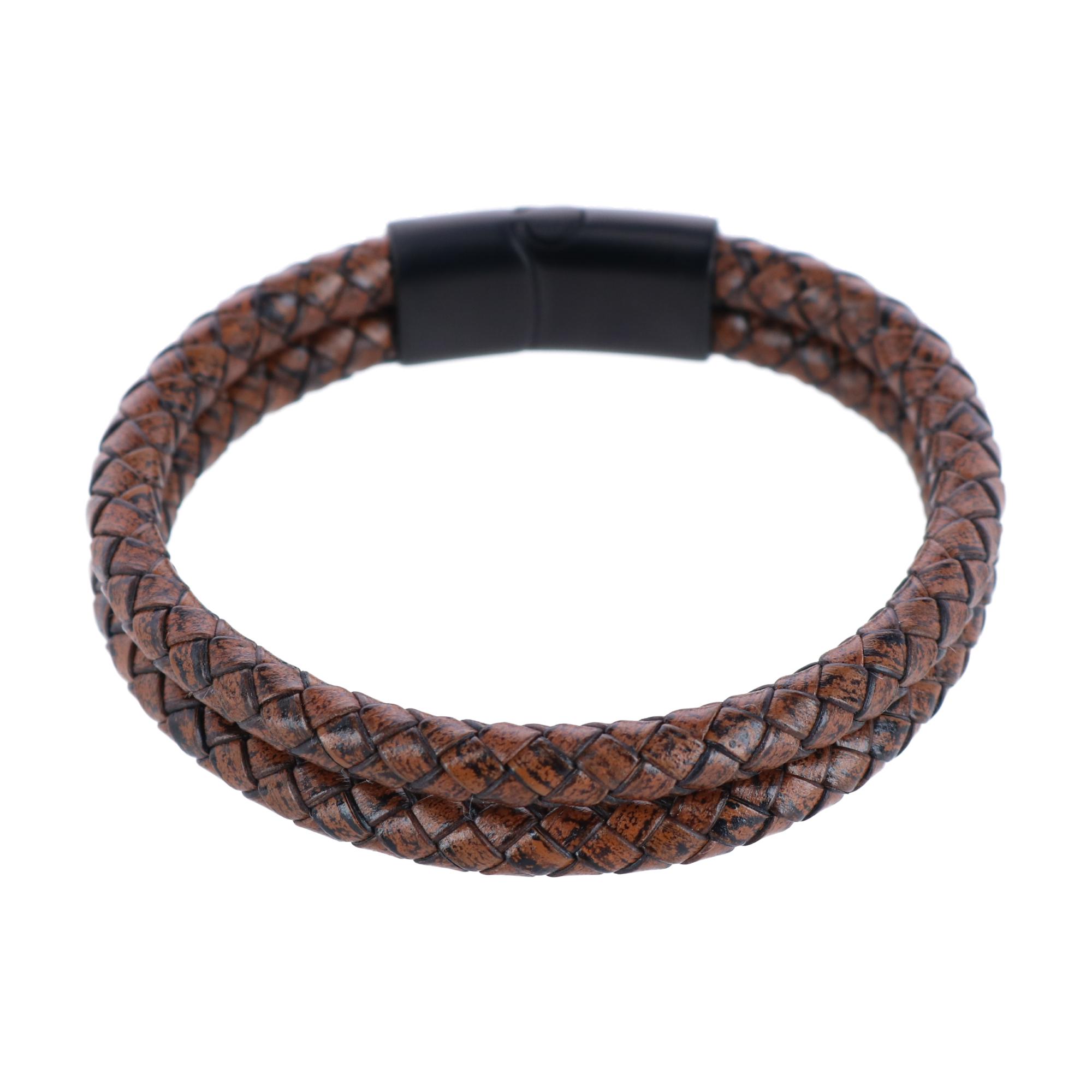 Trafalgar Simple Double Band Braided Secure Clasp Leather Bracelet - Brown one size