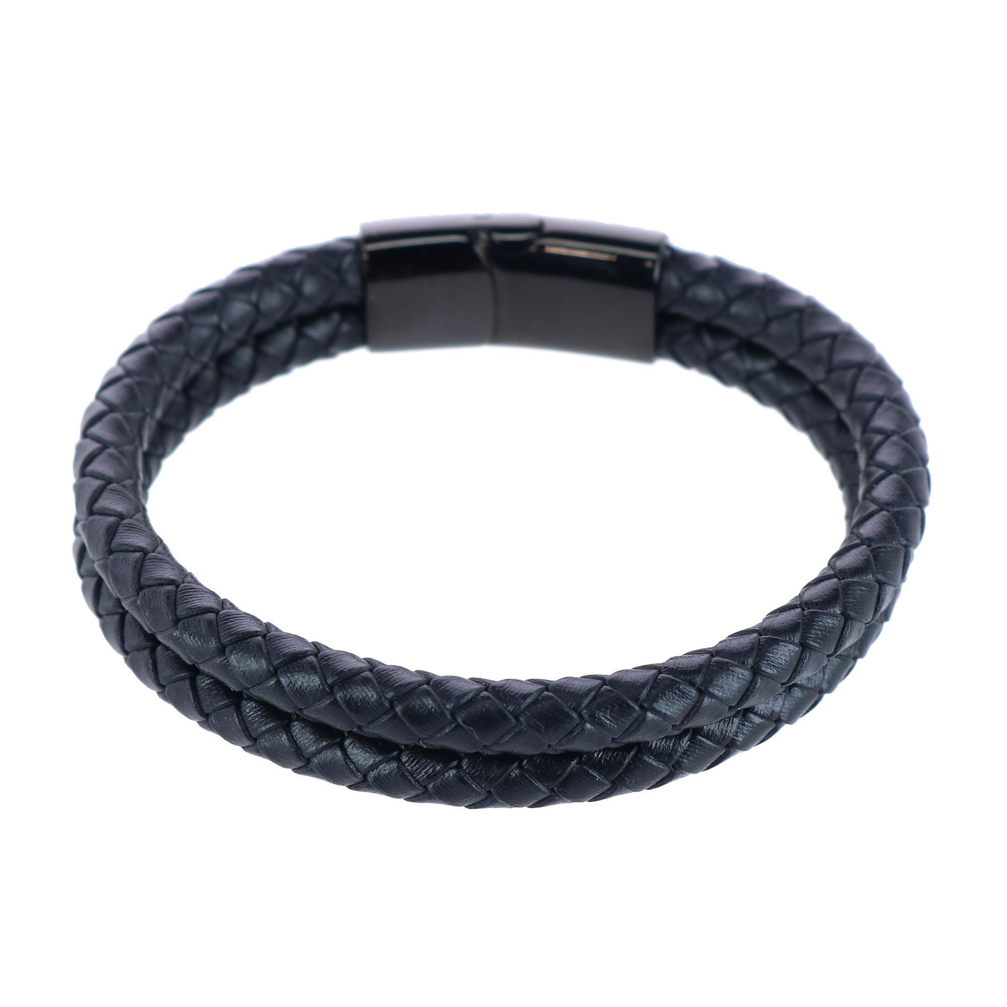 Trafalgar Loose Fit Simple 2 Band Braided Secure Clasp Leather Bracelet - Black one size