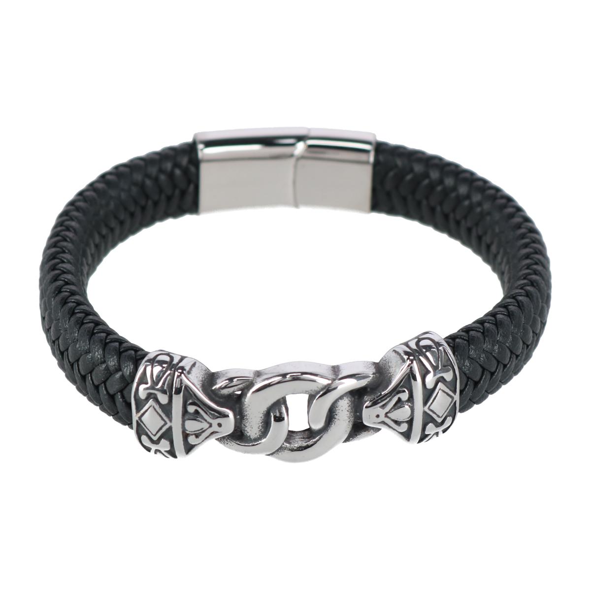 Trafalgar Silver Interlock Pattern on Black Leather Bracelet - Black one size 36$