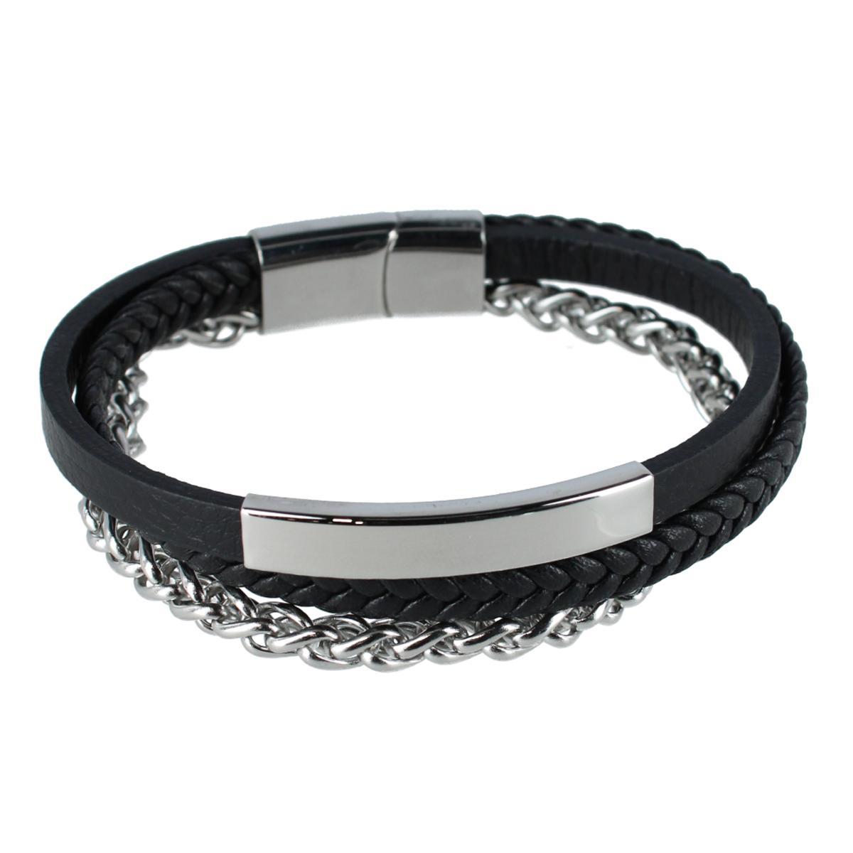 Trafalgar Loose Fit Zaid Metal and Leather Triple Strand Secure Clasp Bracelet - Black Leather and Silver Metal one size