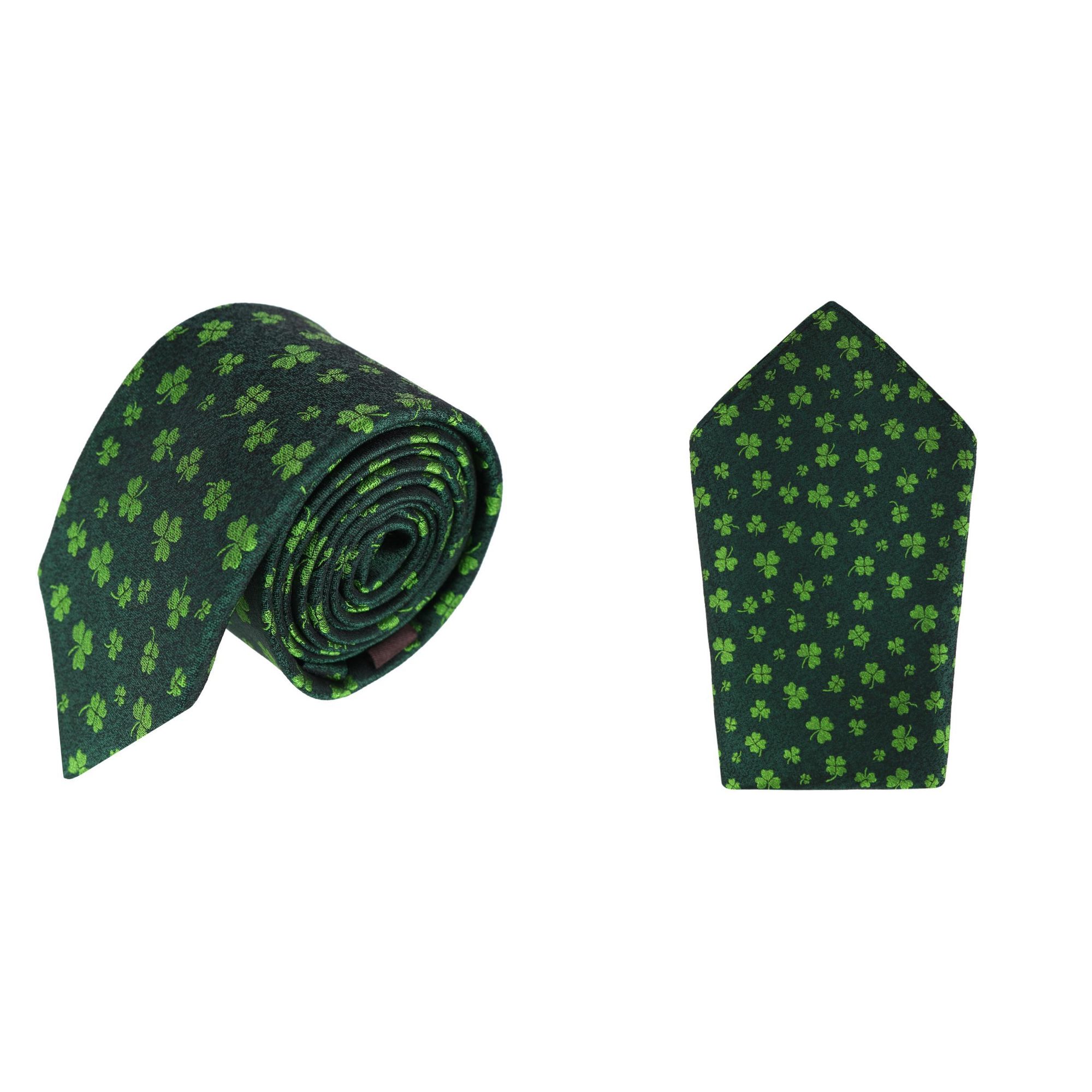 Trafalgar Green Shamrock Novelty Silk Pocket Square and Necktie Bundle - Green one size