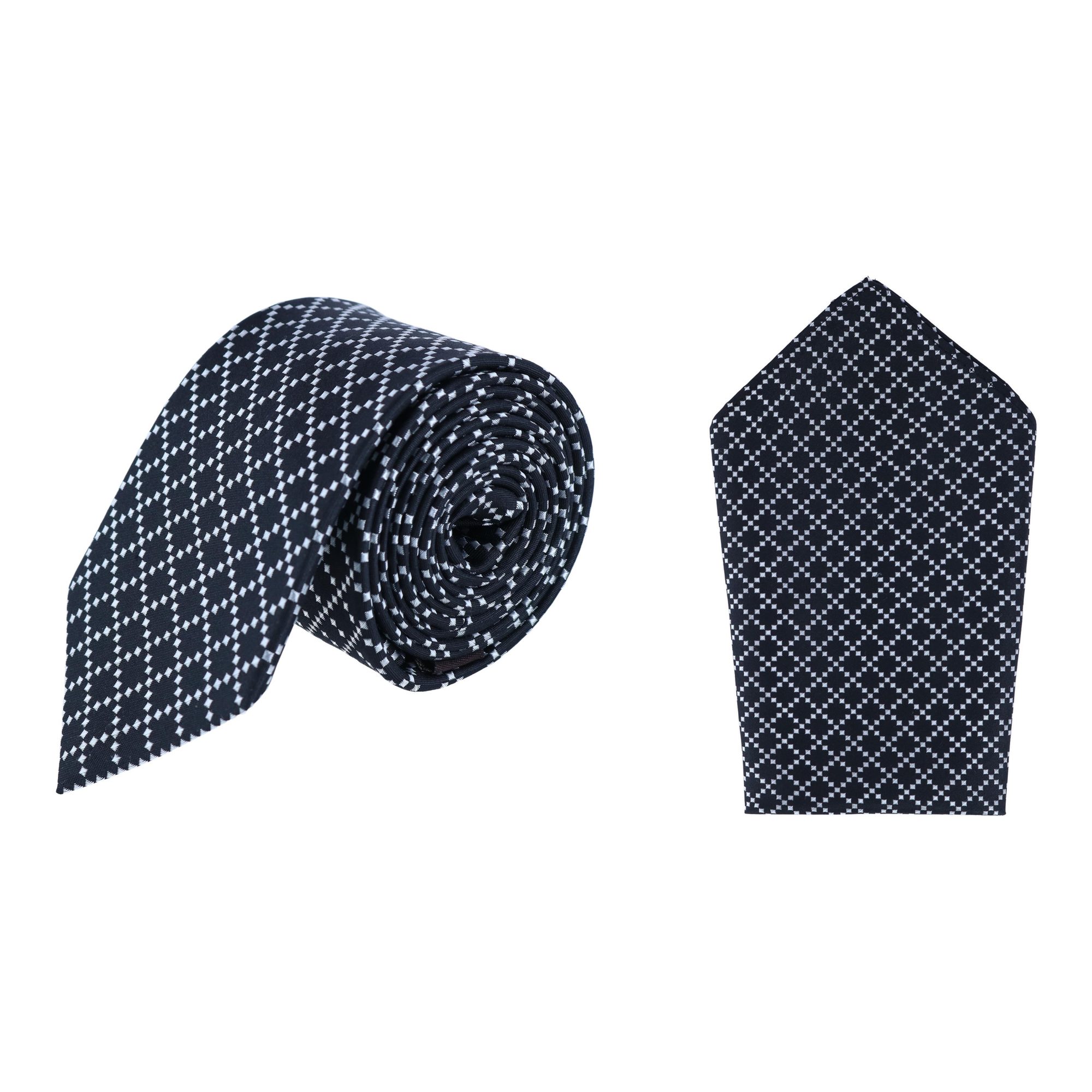 Trafalgar Rowan Geometric Pattern Silk Necktie and Pocket Square Bundle - Black one size