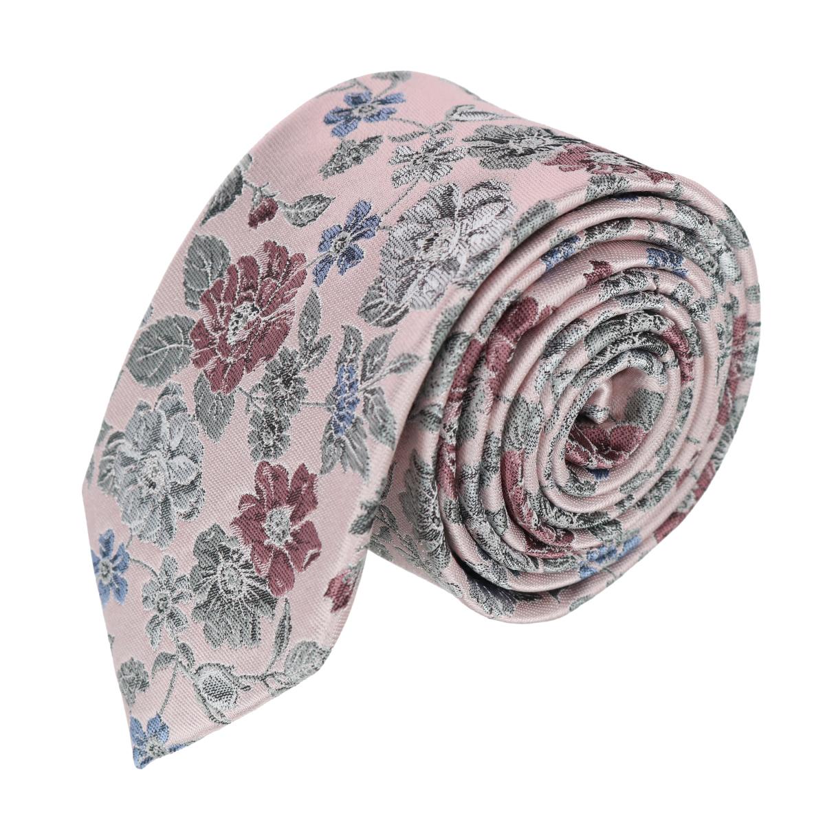 Trafalgar Nico Subtle Vine and Flower Patterned Silk Necktie - Pale Pink with Grey one size