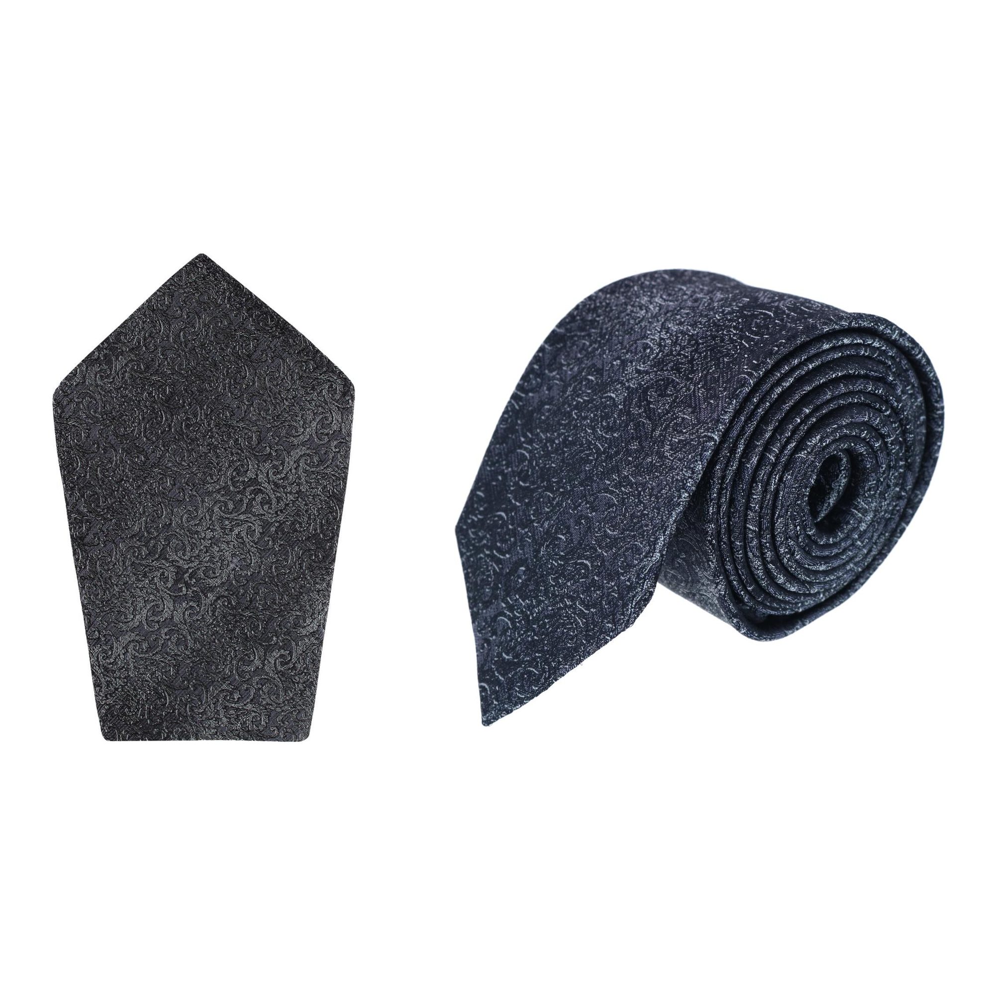 Trafalgar Esteban Scrolling Vines Silk Necktie and Pocket Square Bundle - Silver and Black one size