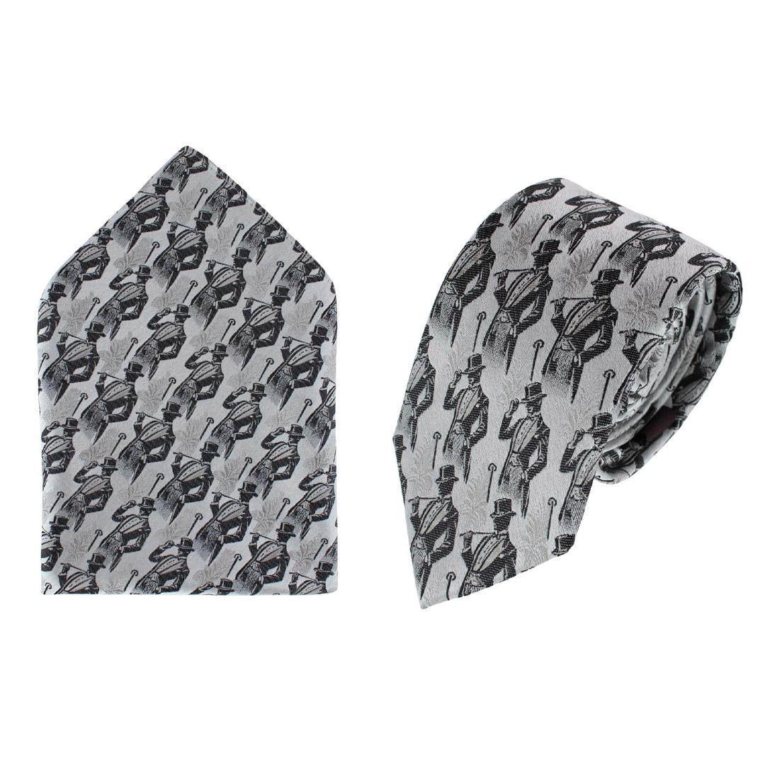 Trafalgar Ambrose Dapper Night Silk Novelty Necktie and Pocket Square Set - Silver and Black one size