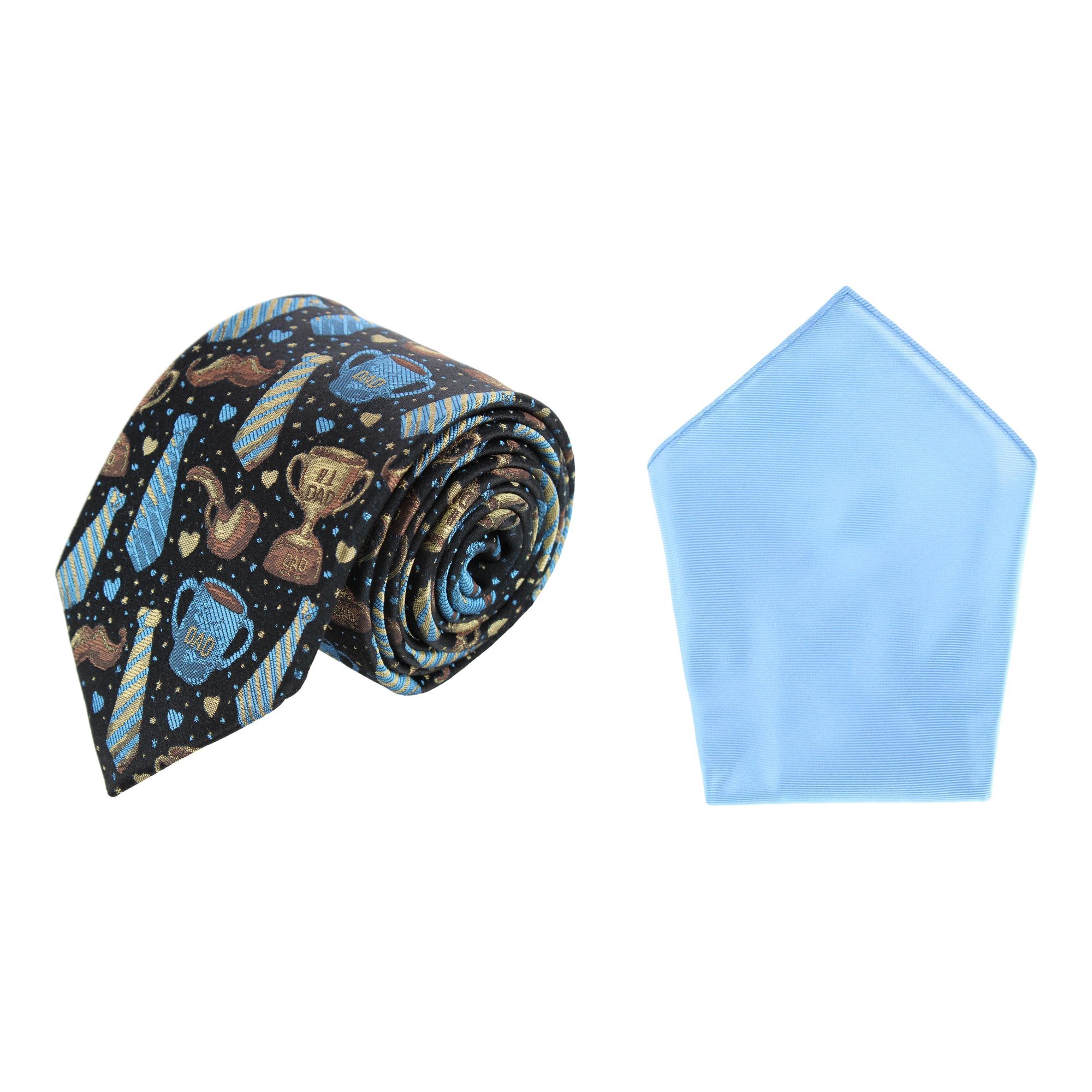 Trafalgar Dad Appreciation Necktie & Gatsby Silk Pocket Square Bundle - Navy with Blue one size
