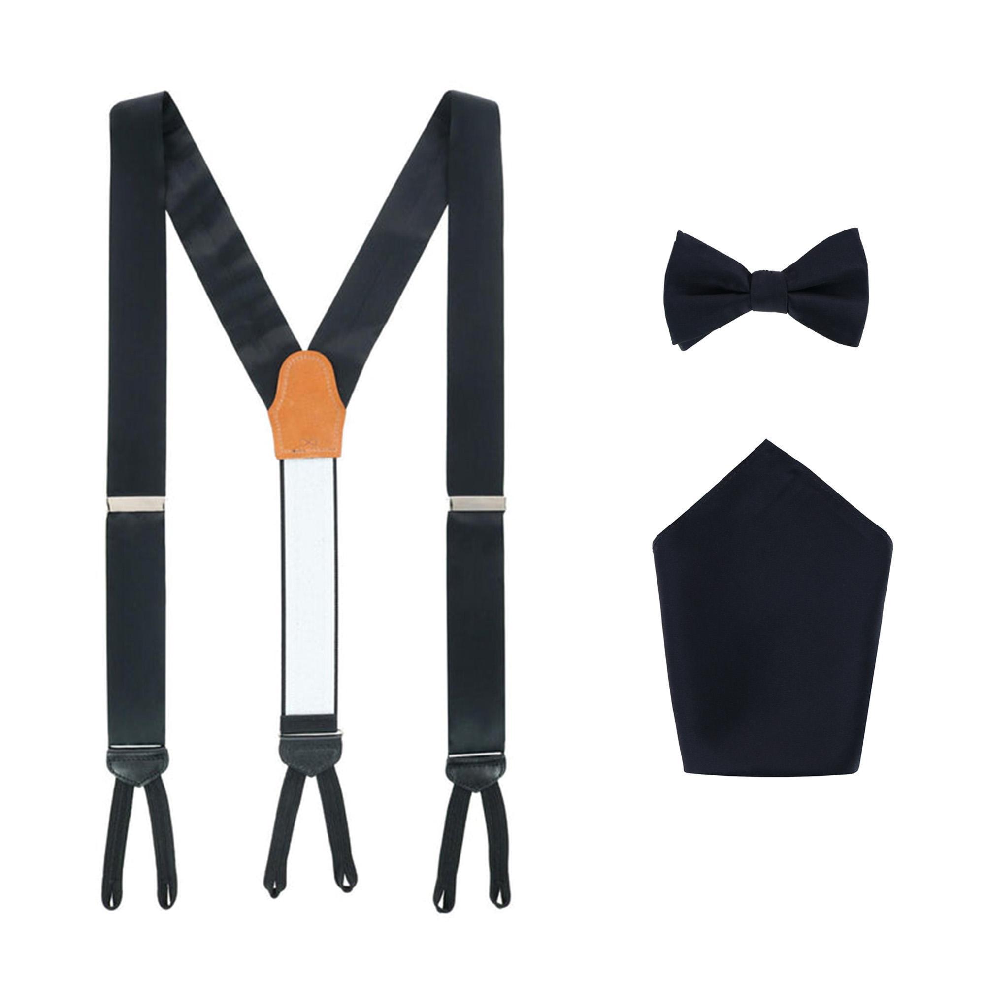 Trafalgar Sutton Solid Color Silk Brace Bow Tie & Pocket Square Combo - Black one size