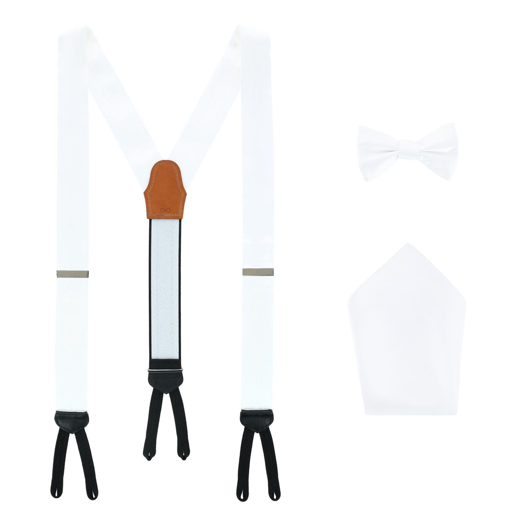 Trafalgar Sutton Solid Color Silk Brace Bow Tie & Pocket Square Combo - White one size