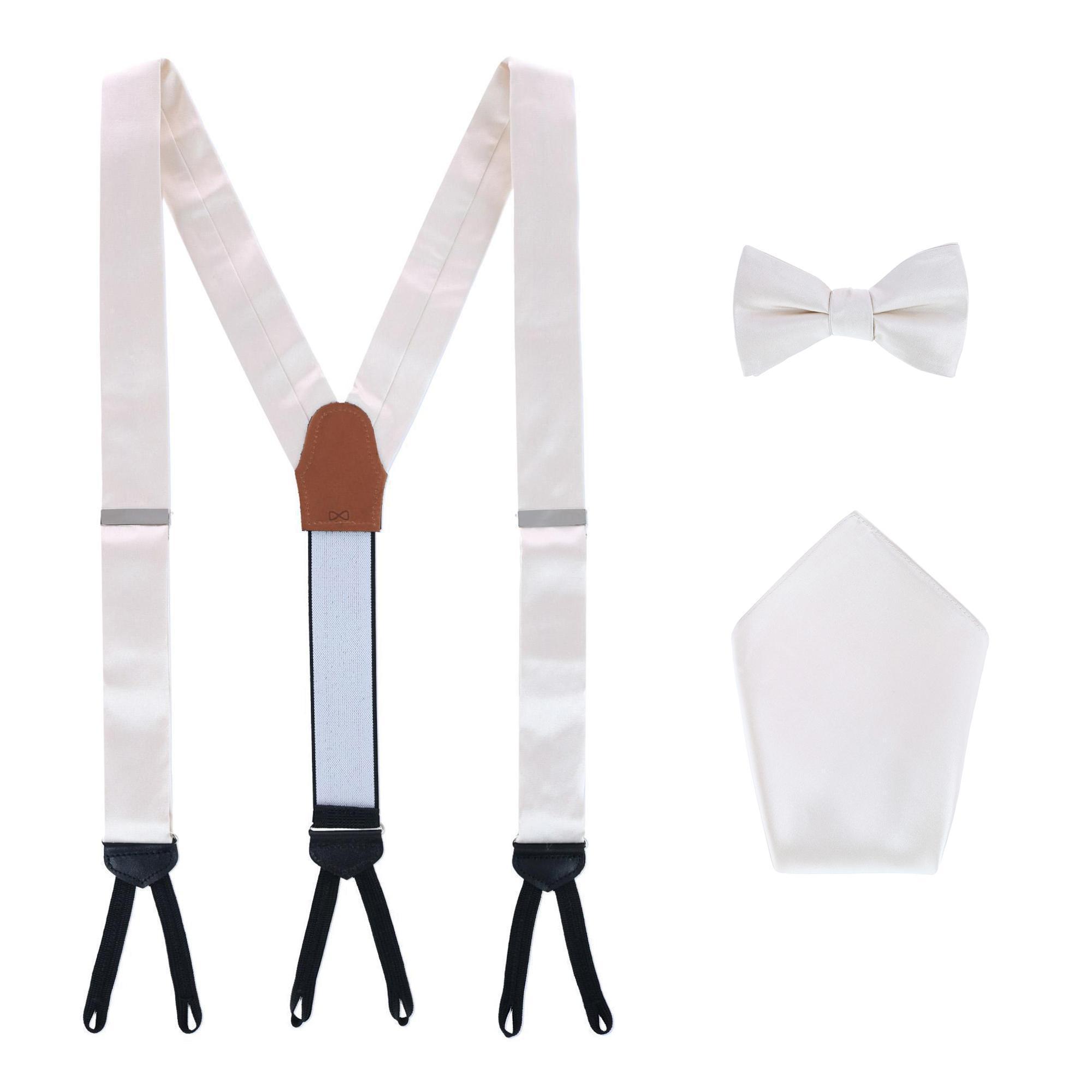Trafalgar Sutton Solid Color Silk Brace Bow Tie & Pocket Square Combo - Ivory one size