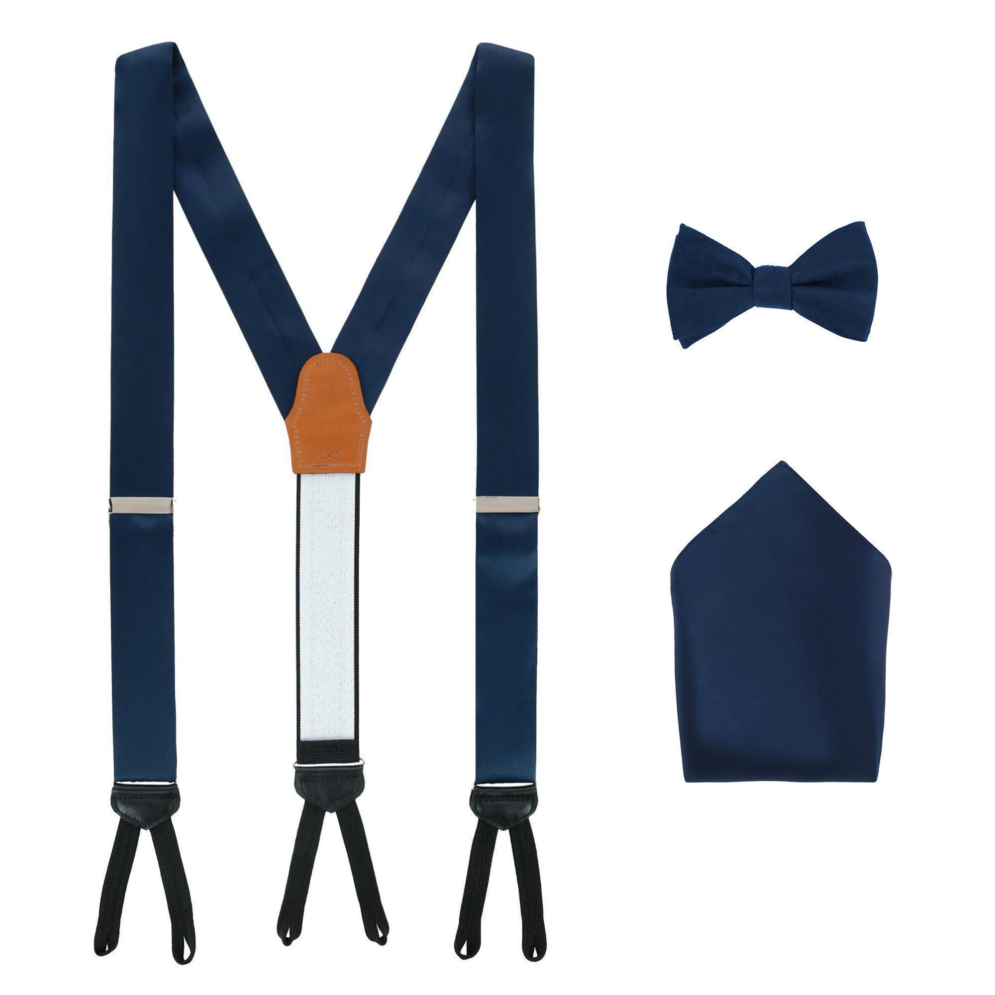 Trafalgar Sutton Solid Color Silk Brace Bow Tie & Pocket Square Combo - Navy one size