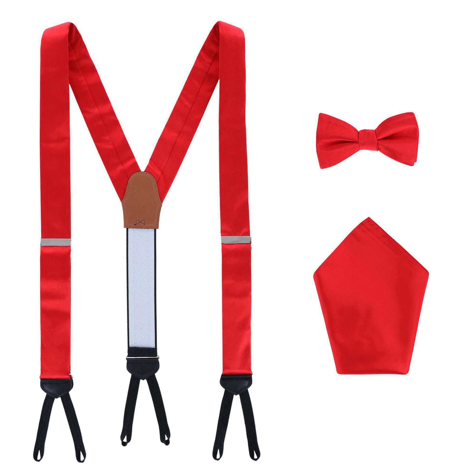 Trafalgar Sutton Solid Color Silk Brace Bow Tie & Pocket Square Combo - Red one size